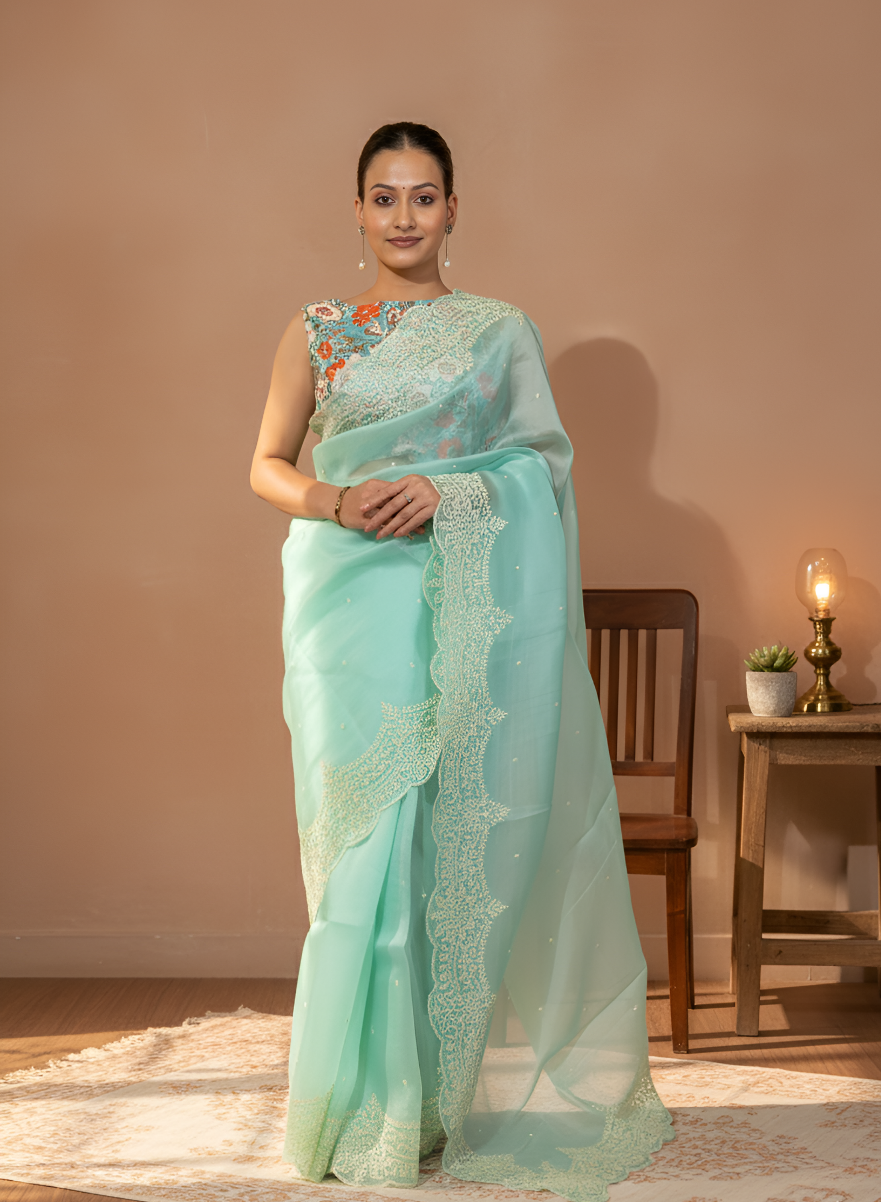 Pastel Turquoise Body with White Thread Pearl Work On Scalloped Border and Palla Pure Organza Silk Saree With Blouse Piece