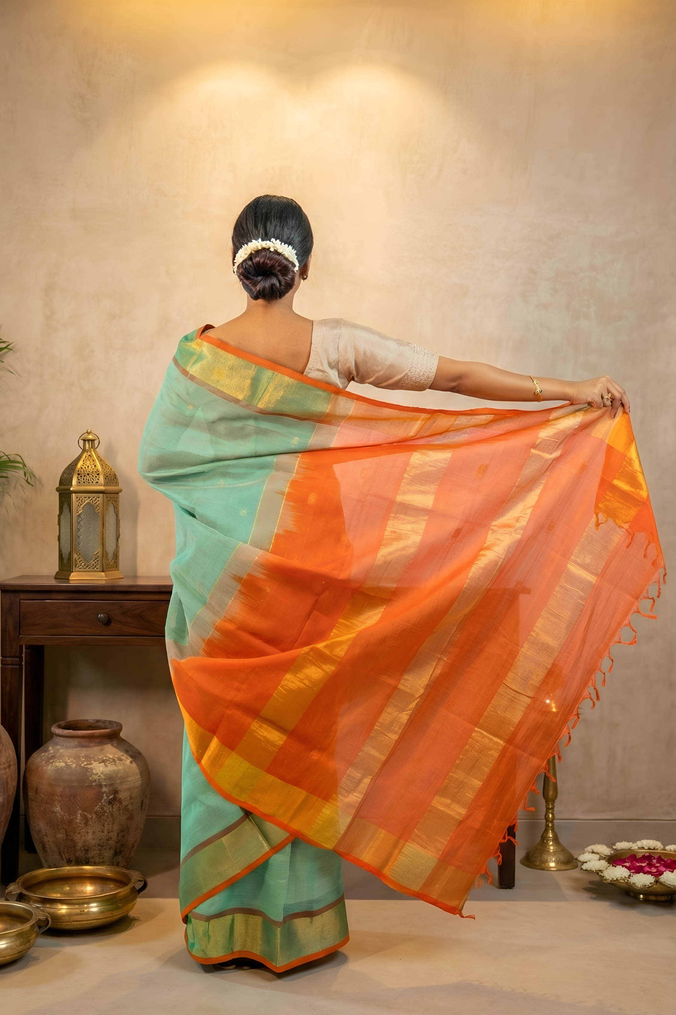Ocean Green Body with Vermilion Orange Paturi Silk Saree With Blouse Piece