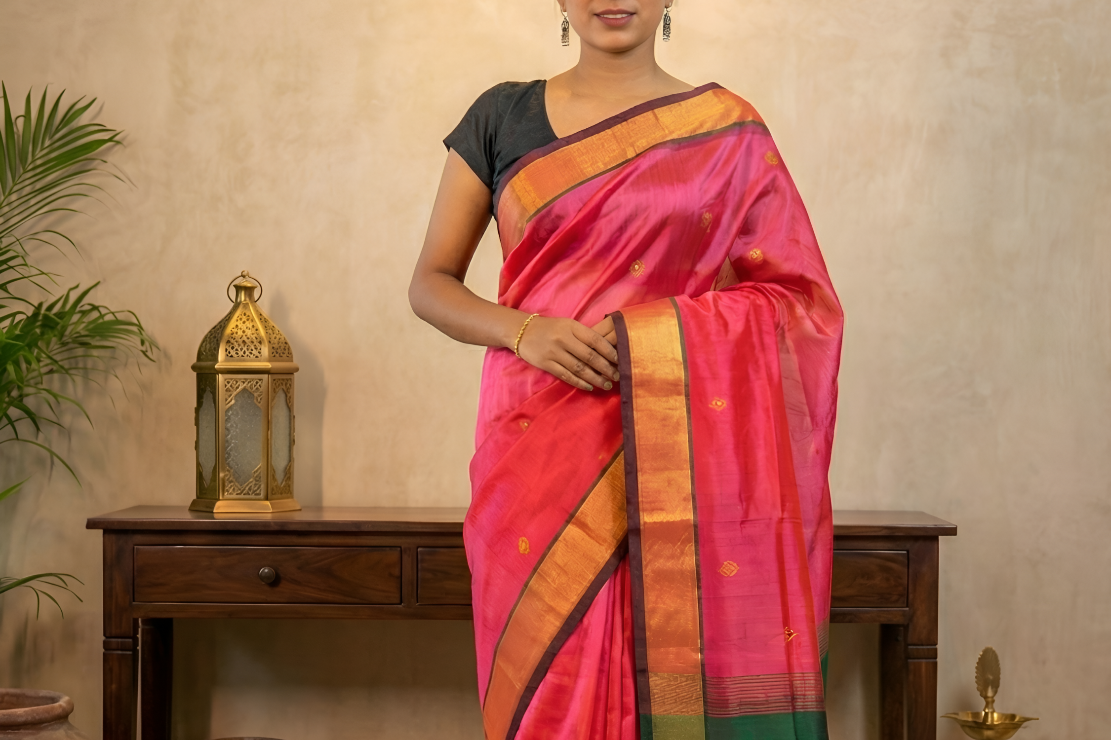 Majestic Wine Green and Rasberry Pink Body Paturi Silk Saree With Blouse Piece