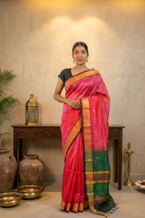 Majestic Wine Green and Rasberry Pink Body Paturi Silk Saree With Blouse Piece