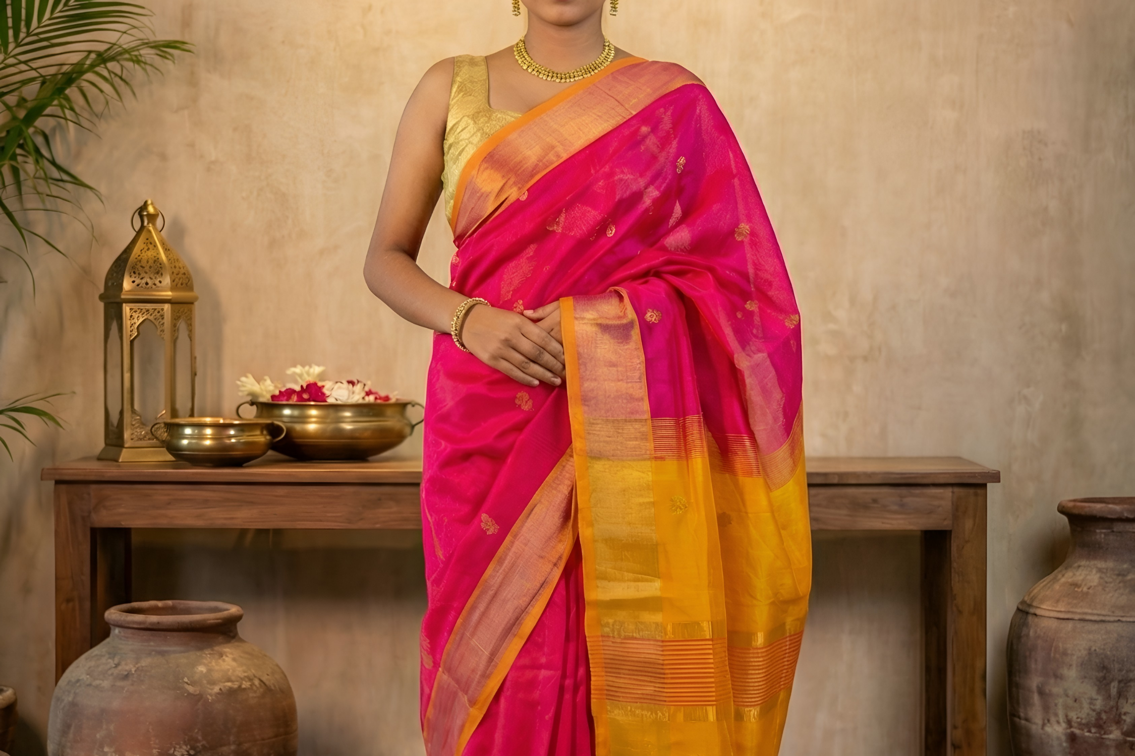 Hot Pink Body and Gamboge Yellow Contrast Paturi Silk Saree With Blouse Piece