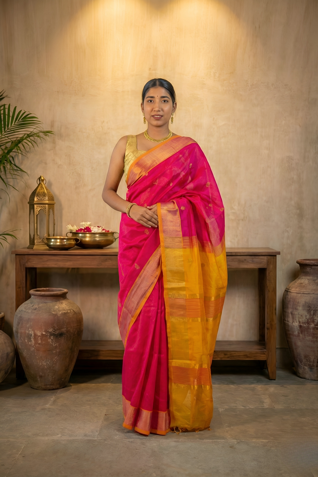 Hot Pink Body and Gamboge Yellow Contrast Paturi Silk