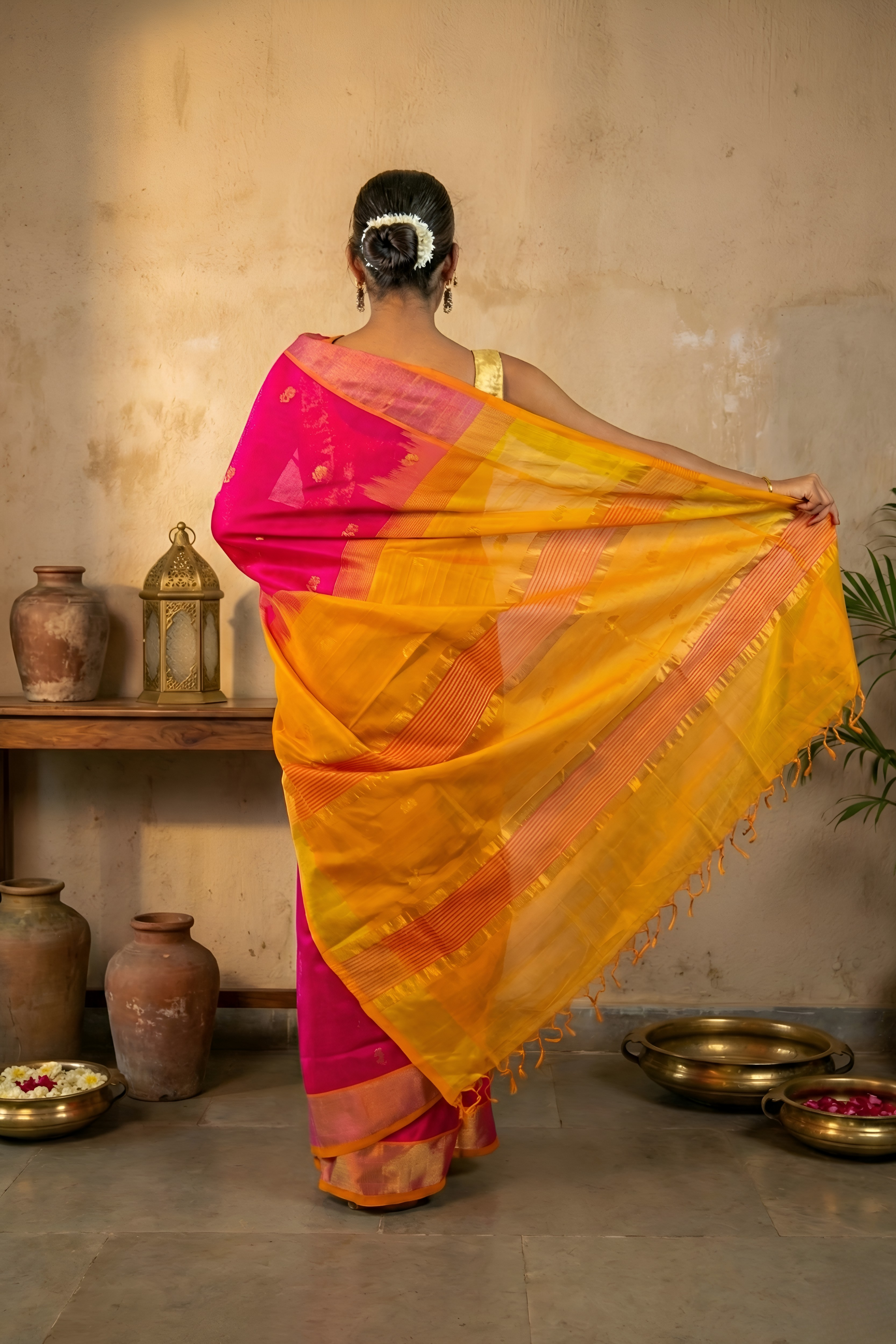 Hot Pink Body and Gamboge Yellow Contrast Paturi Silk Saree With Blouse Piece