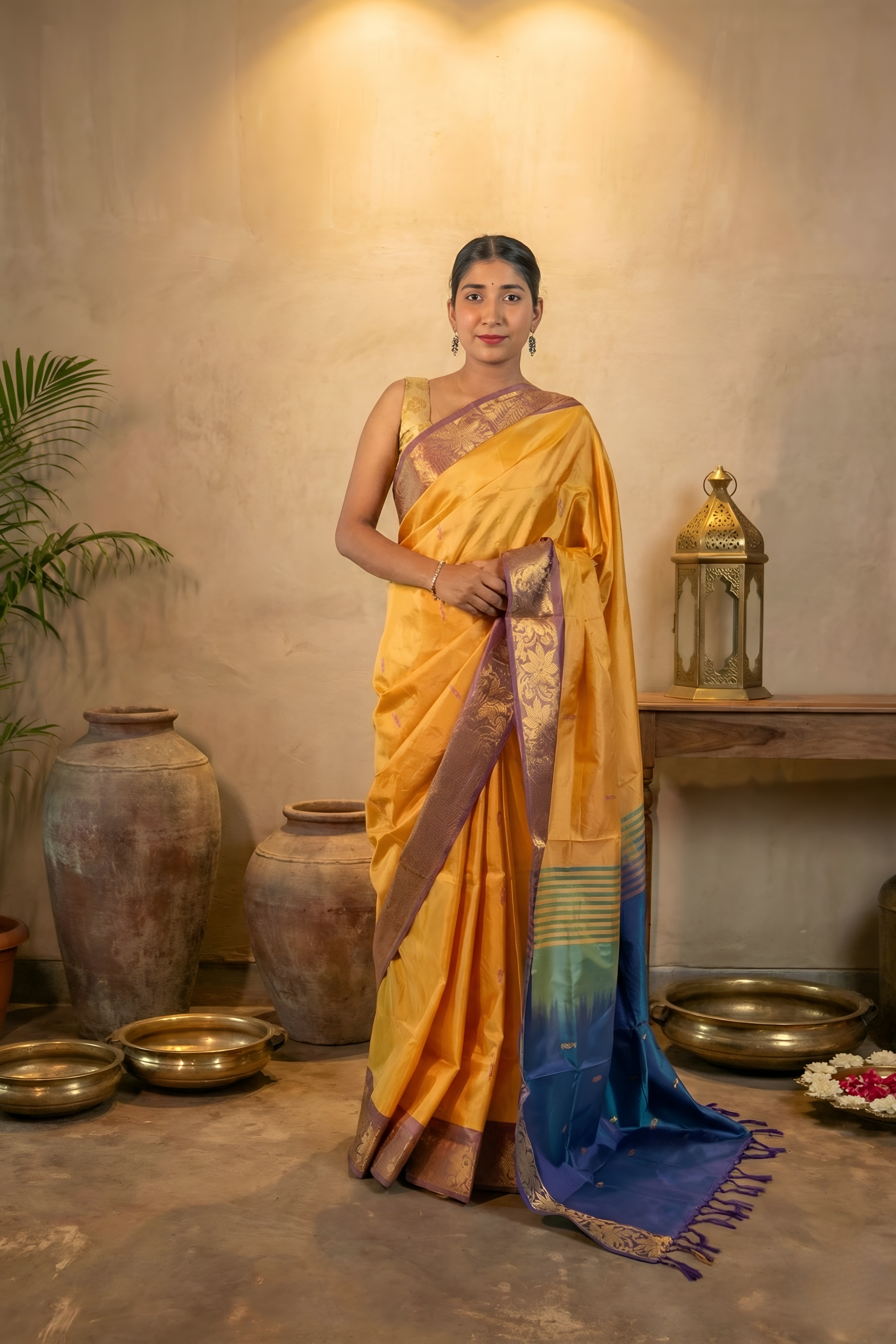 Soft Yellow Body & Purple Blue Palla Banana Silk Saree with Zari With Blouse Piece