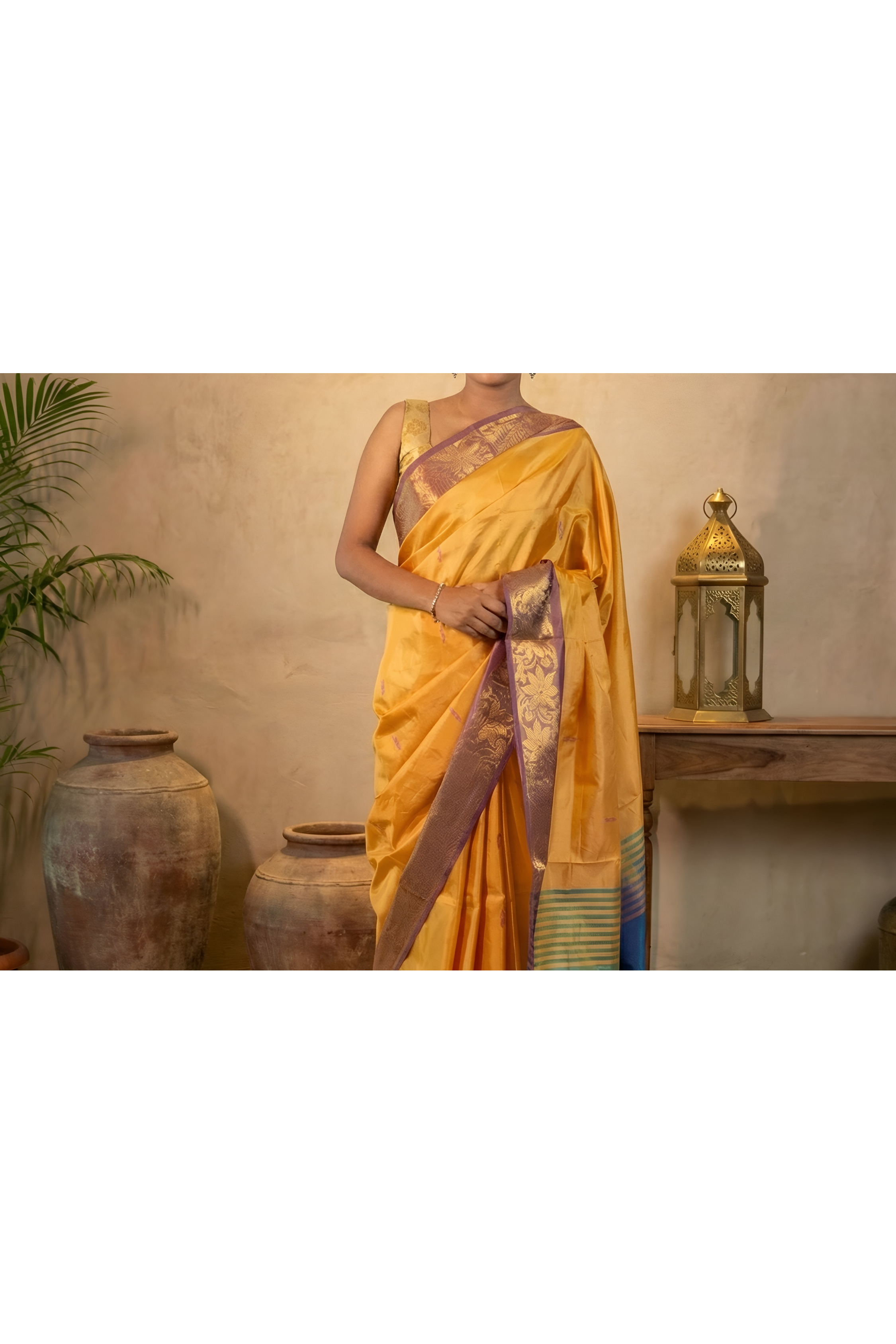 Soft Yellow Body & Purple Blue Palla Banana Silk Saree with Zari With Blouse Piece