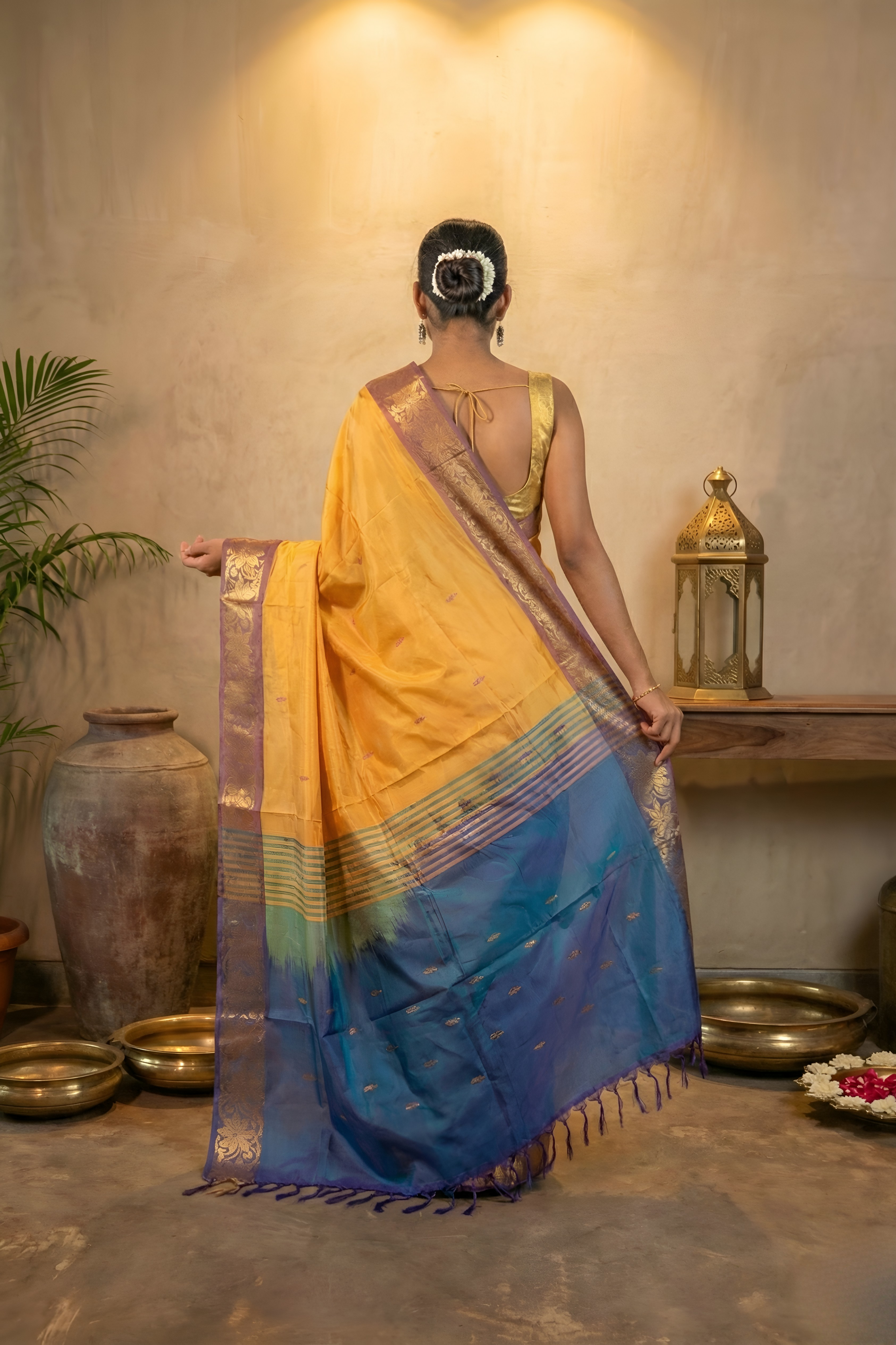 Soft Yellow Body & Purple Blue Palla Banana Silk Saree with Zari With Blouse Piece