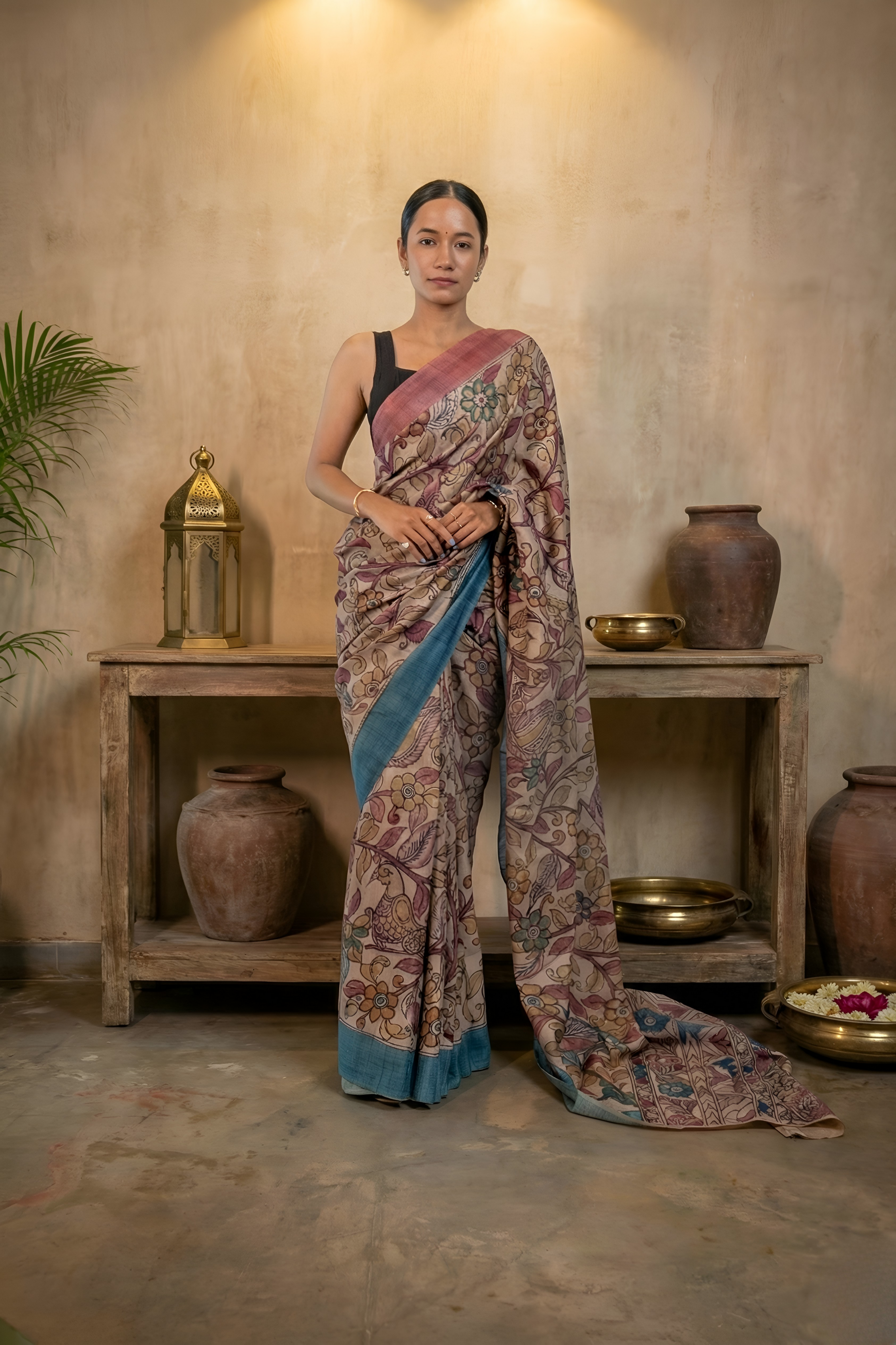 All Over Kalamkari on Flowy Earthy Tussar Silk Saree With Blouse Piece