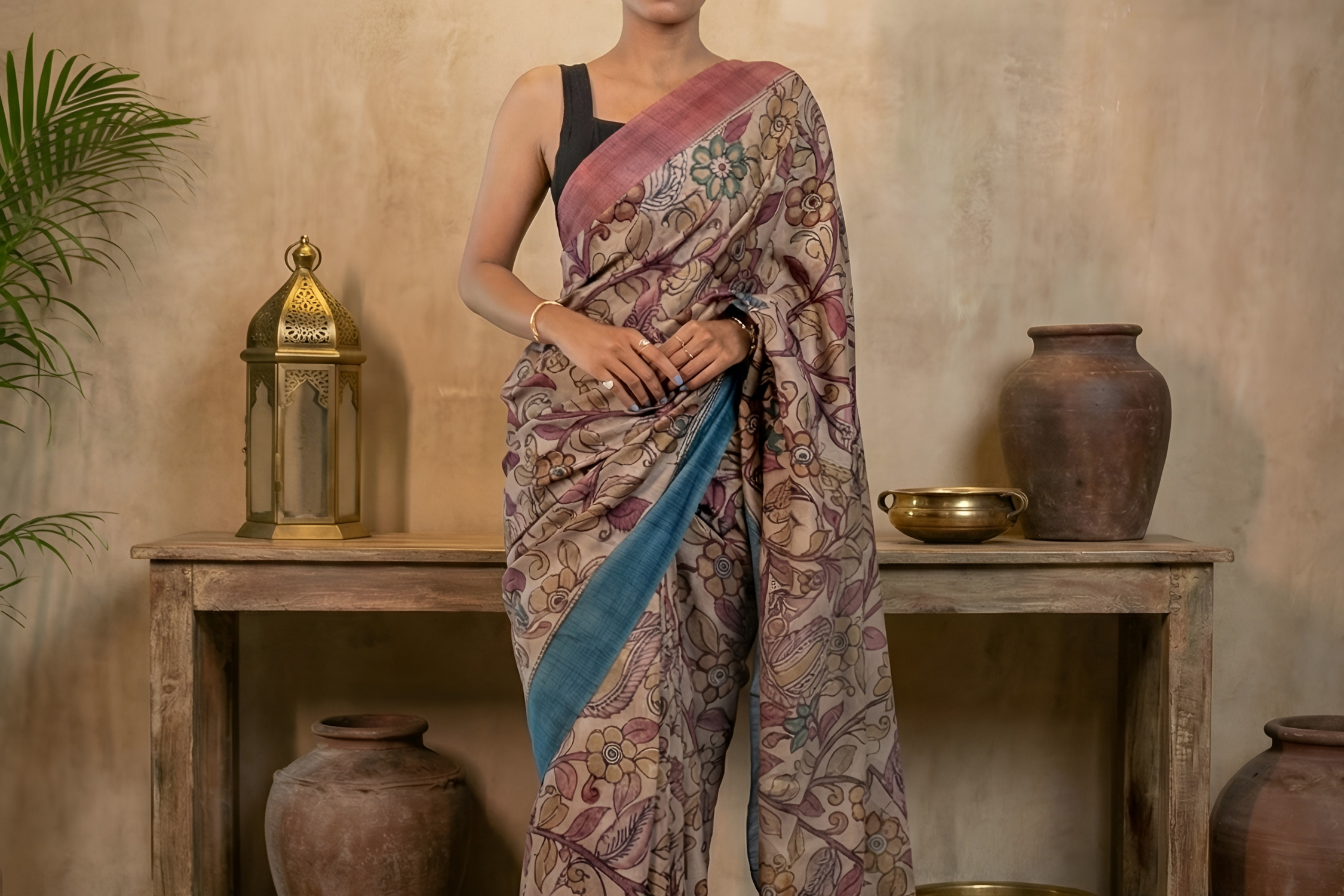 All Over Kalamkari on Flowy Earthy Tussar Silk Saree With Blouse Piece