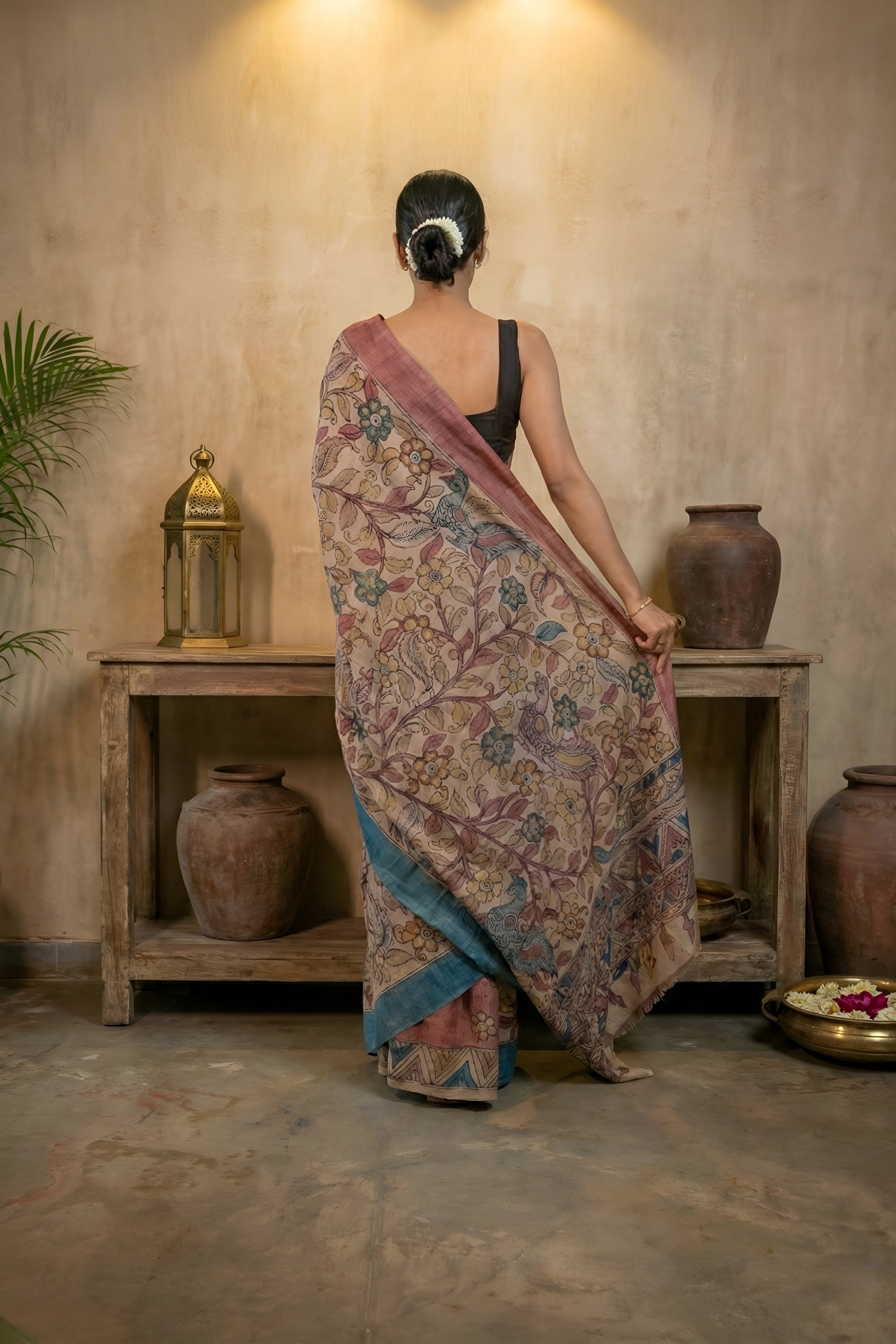 All Over Kalamkari on Flowy Earthy Tussar Silk Saree With Blouse Piece