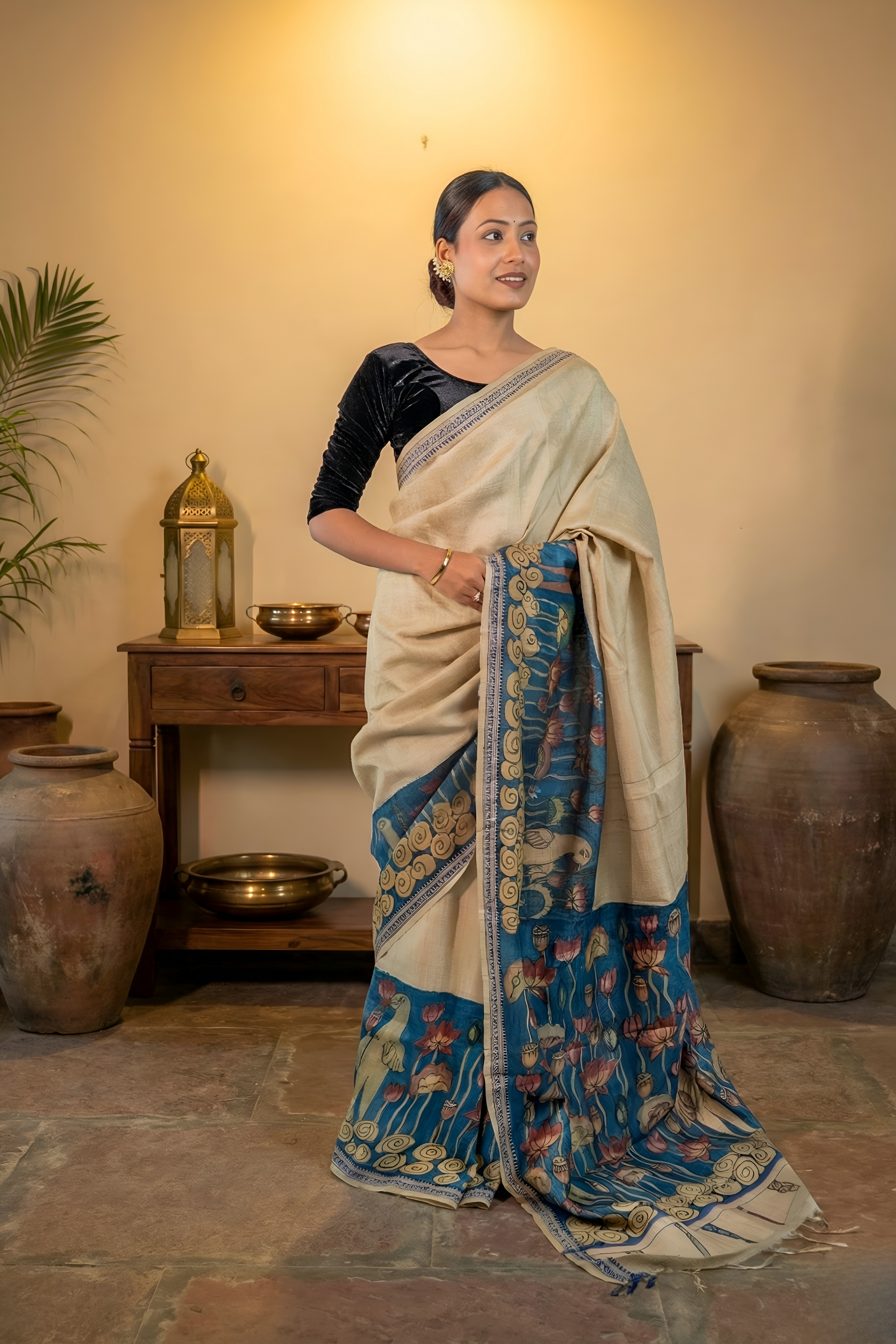 Earthy Blue Dominated Kalamkari Art on Tussar Silk Saree With Blouse Piece