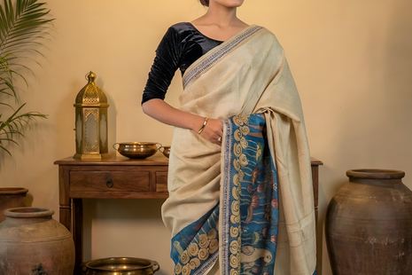 Earthy Blue Dominated Kalamkari Art on Tussar Silk Saree With Blouse Piece
