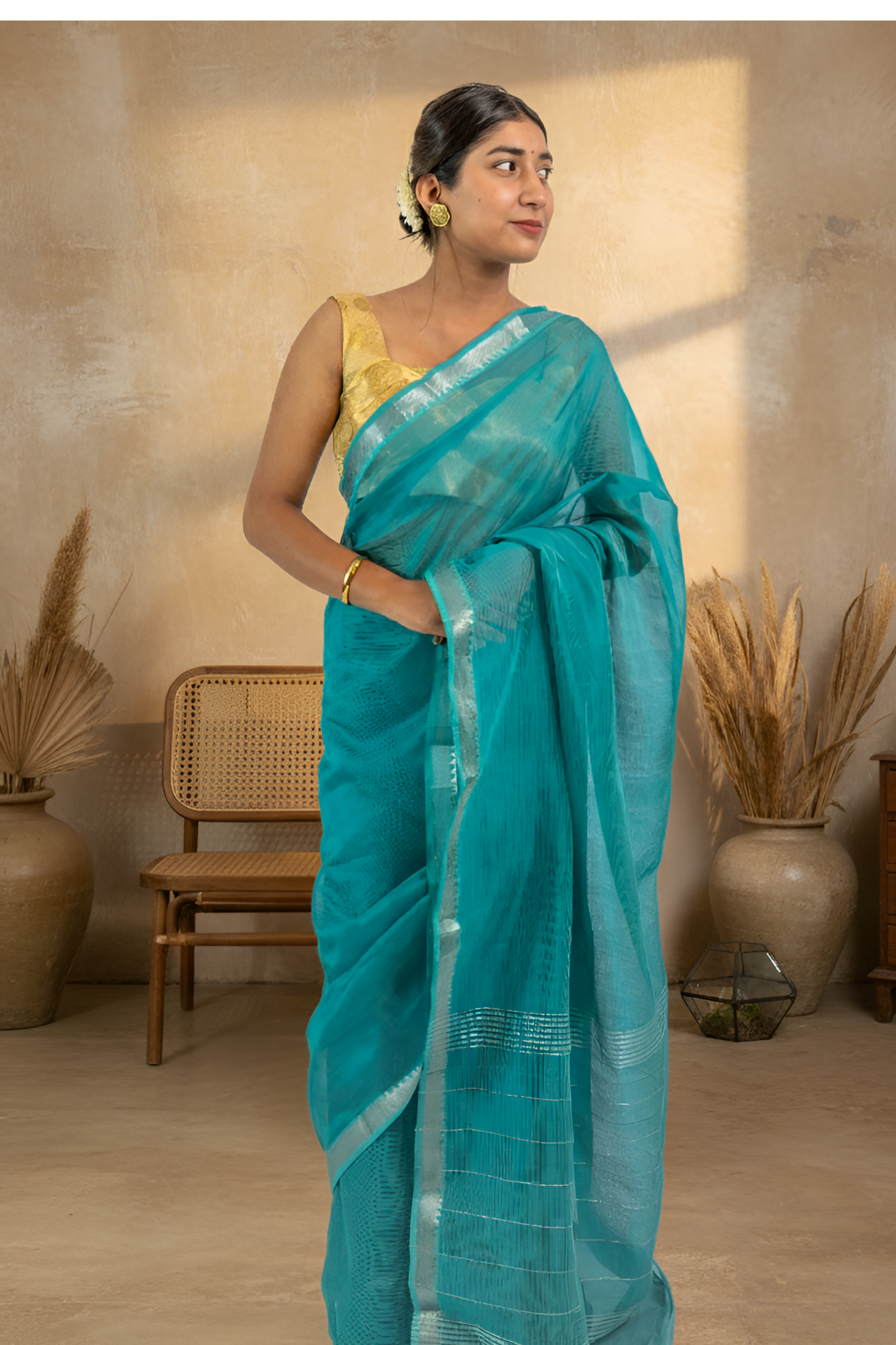 Teal Blue Mangalgiri Pattu Saree With Blouse Piece