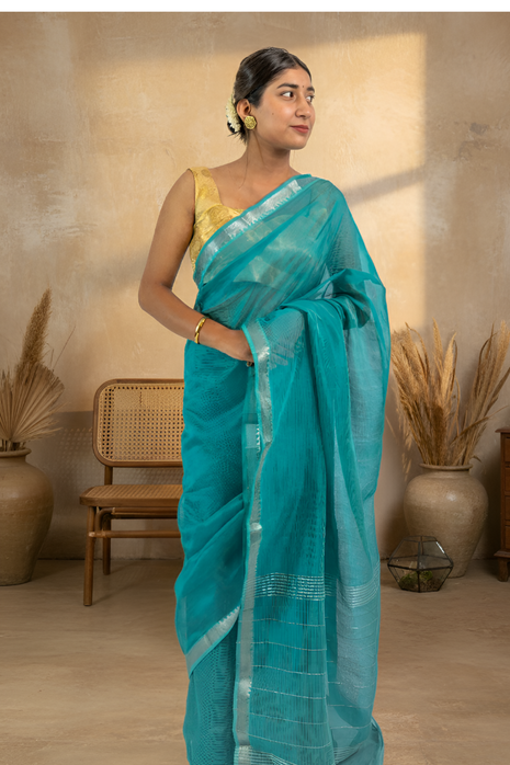 Teal Blue Mangalgiri Pattu Saree With Blouse Piece