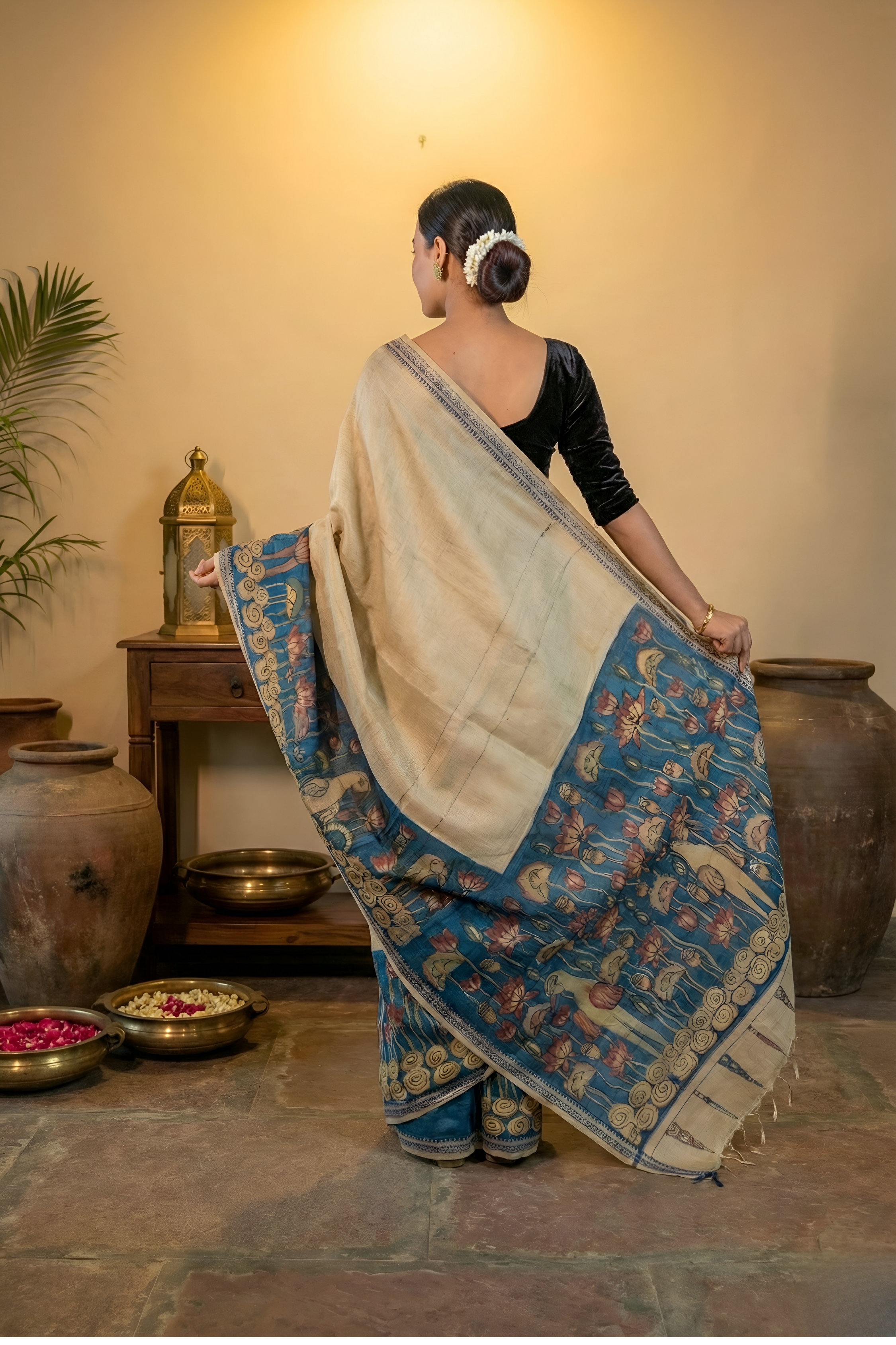Earthy Blue Dominated Kalamkari Art on Tussar Silk Saree With Blouse Piece