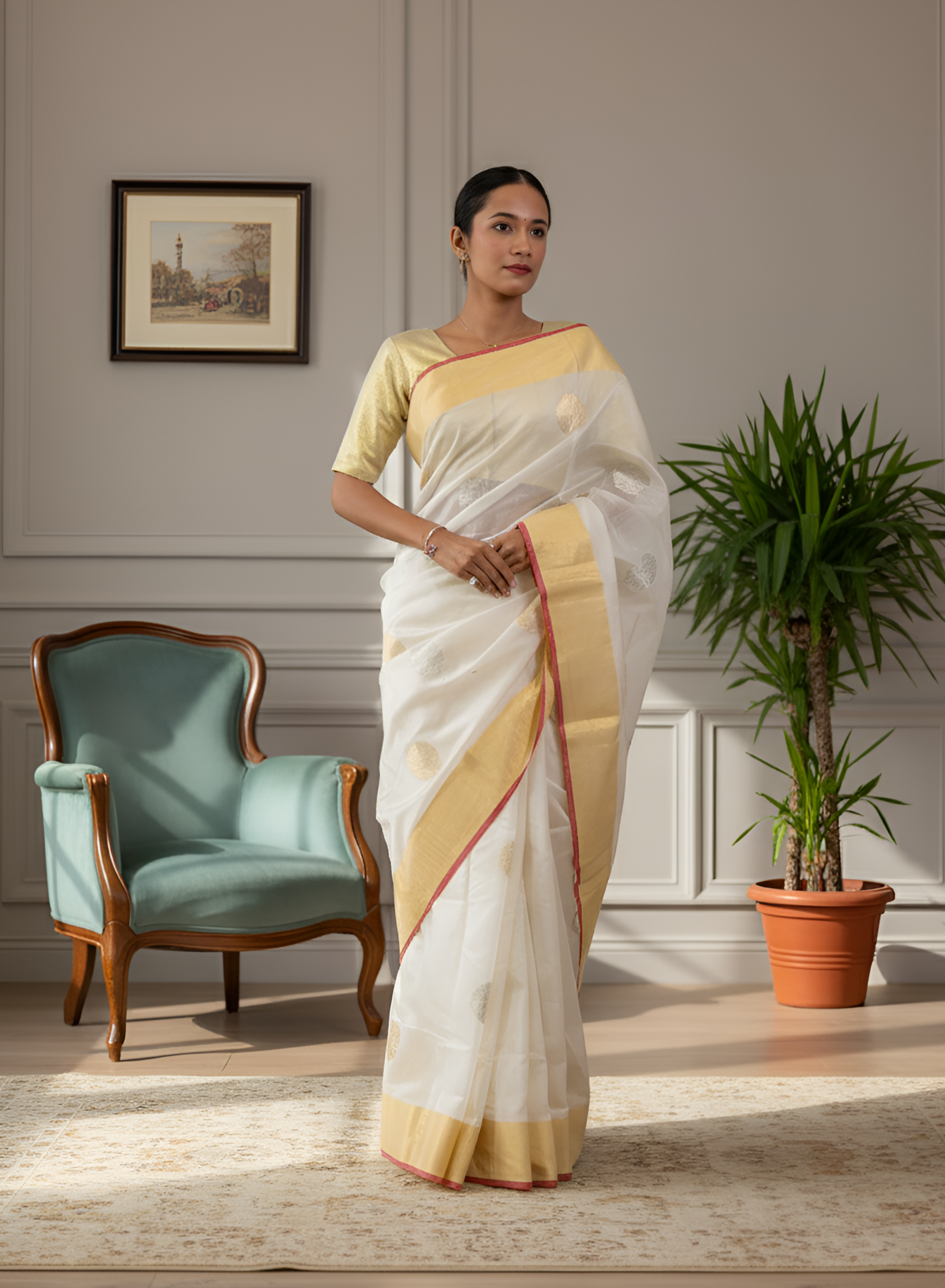 Off White Gold & Silver Butti Chanderi Silk Cotton Saree With Blouse Piece