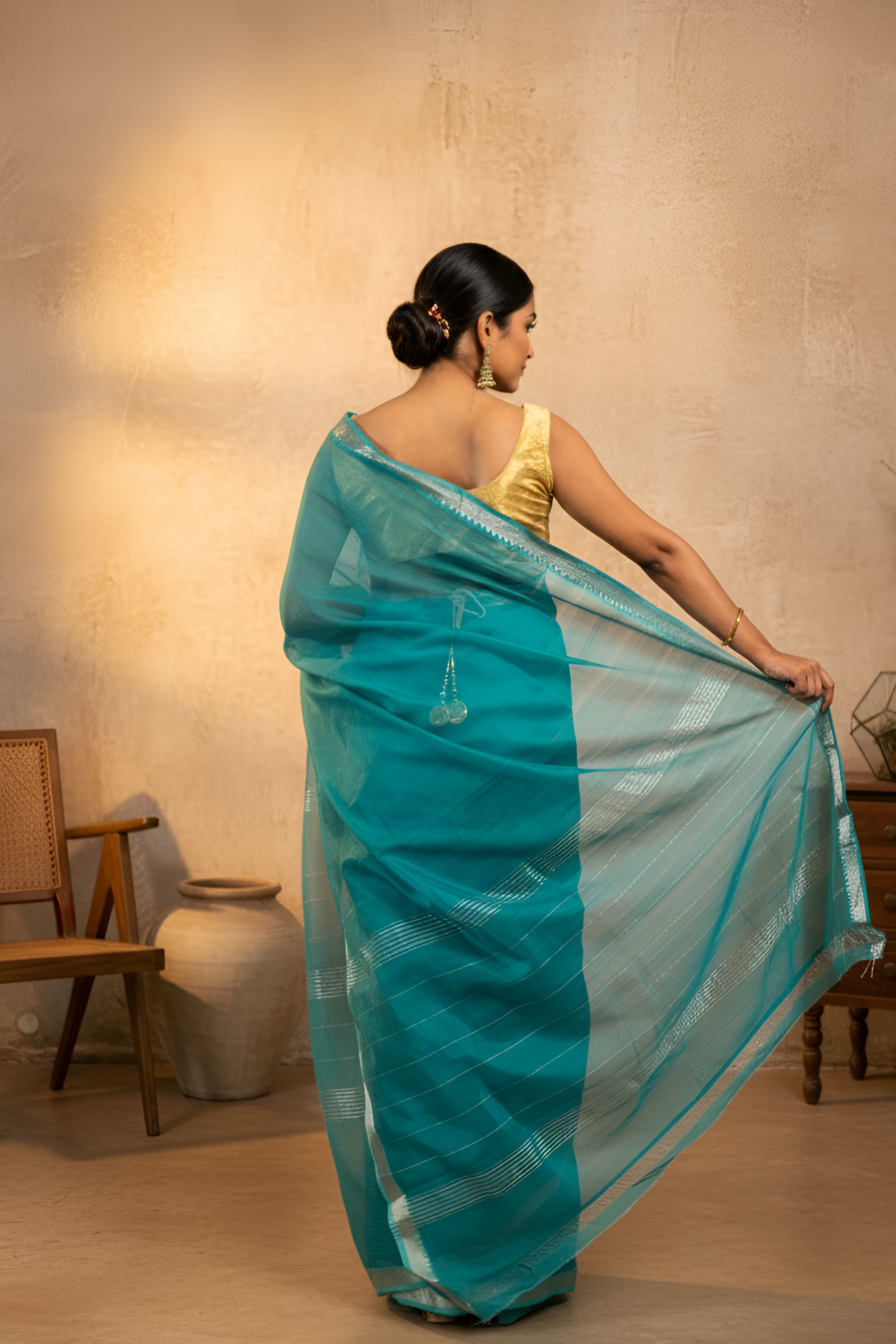 Teal Blue Mangalgiri Pattu Saree With Blouse Piece