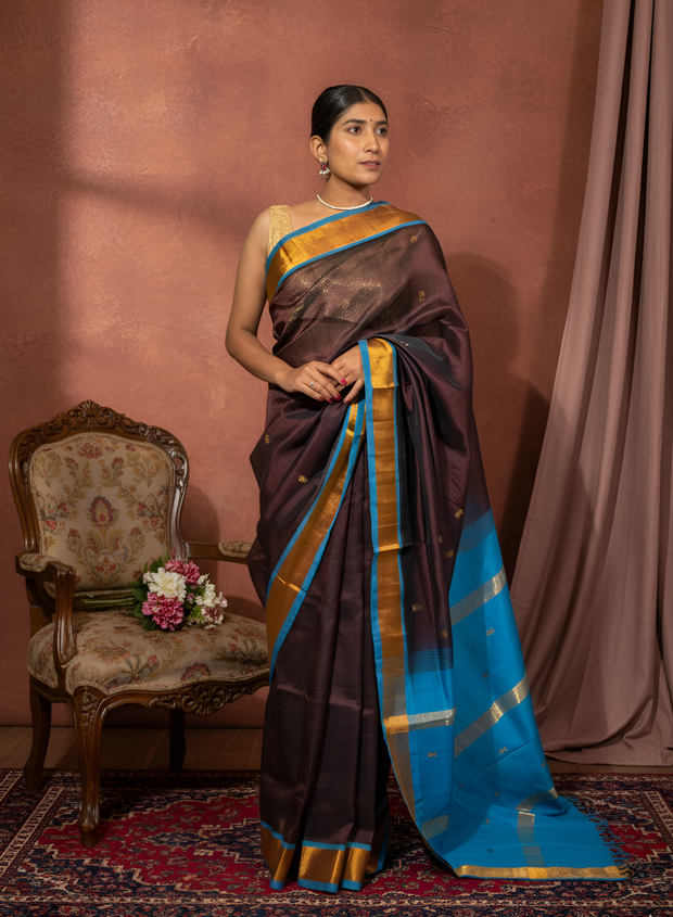 Coffee with Light Blue Golden Border Paturi Silk