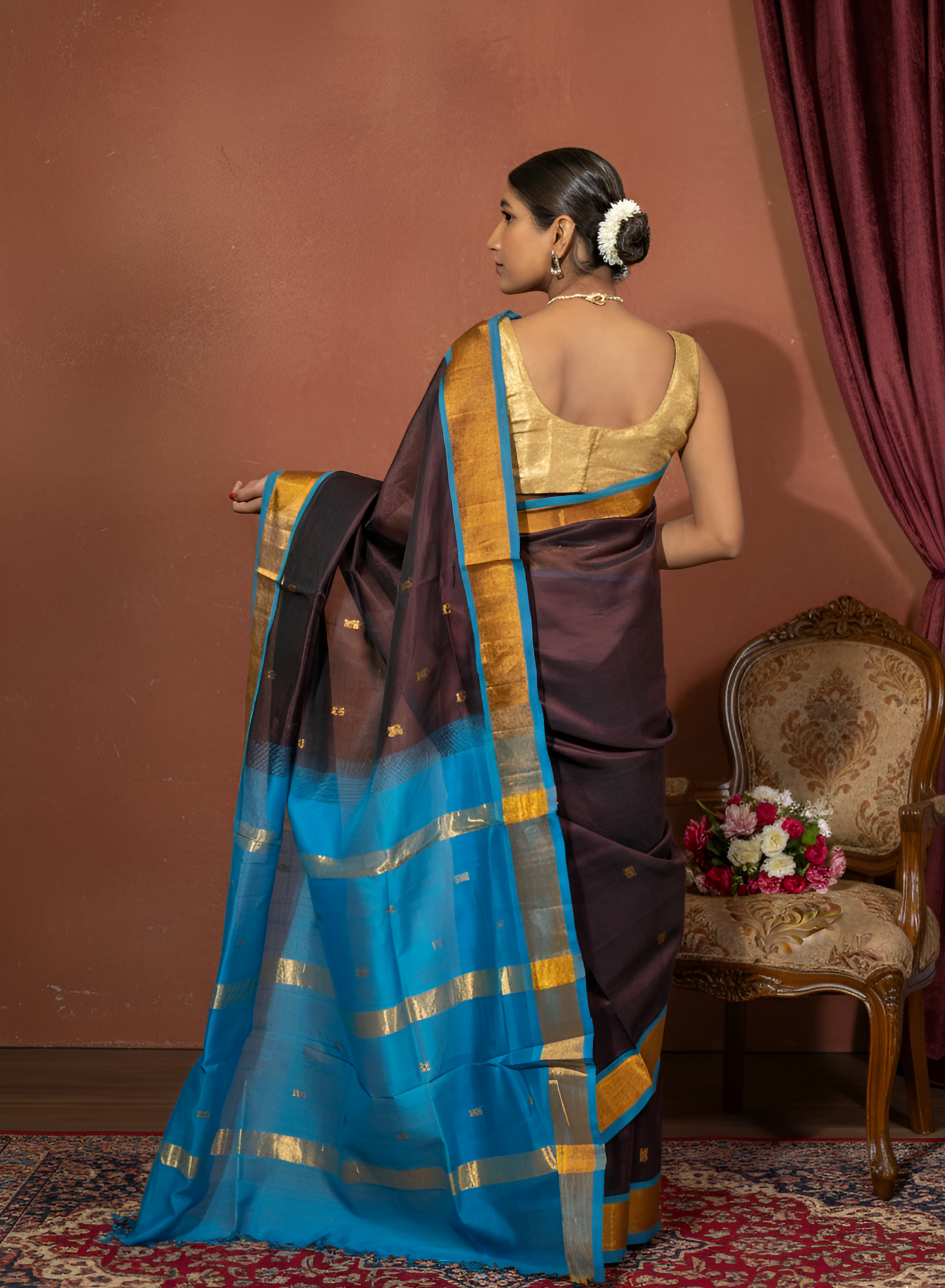 Coffee with Light Blue Golden Border Paturi Silk