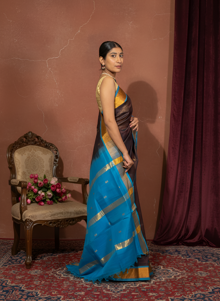 Coffee with Light Blue Golden Border Paturi Silk