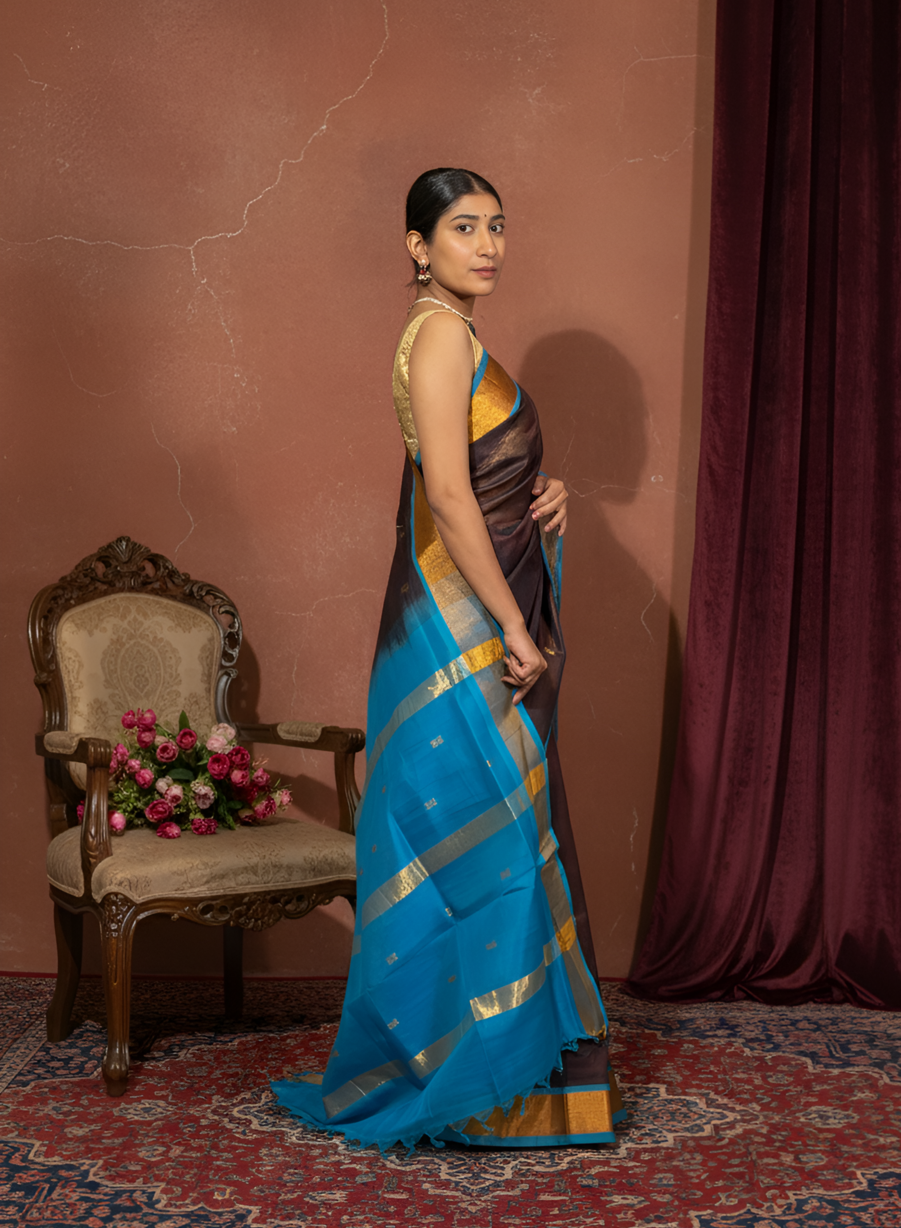 Coffee with Light Blue Golden Border Paturi Silk