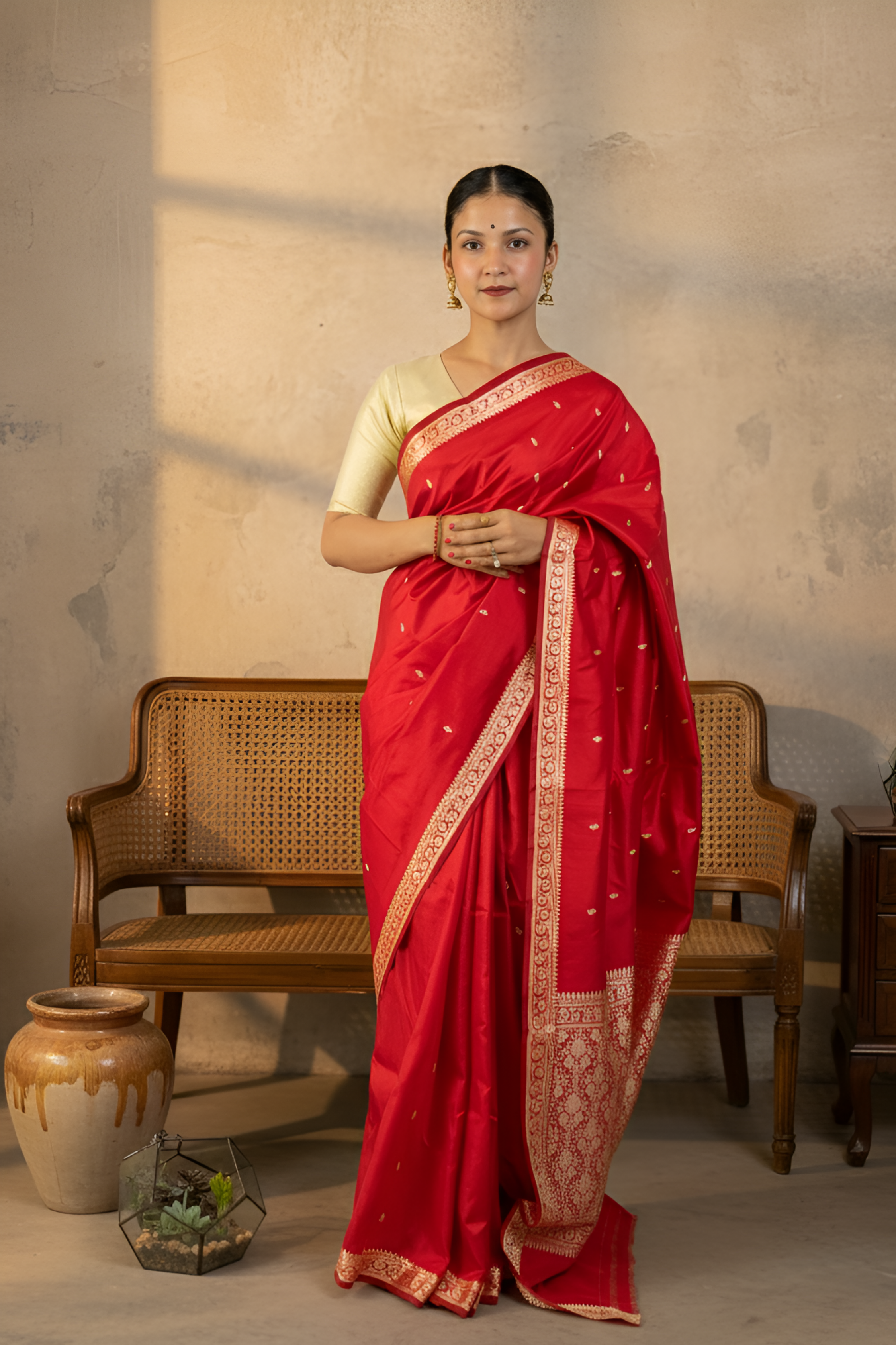 Red Banarasi Silk Saree With Resham Thread Work With Blouse Piece