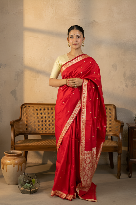 Red Banarasi Silk Saree With Resham Thread Work With Blouse Piece