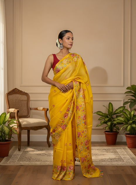 Beautiful Parsi Embroidery on Bright Yellow Tussar Silk Saree With Blouse Piece