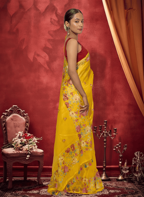 Beautiful Parsi Embroidery on Bright Yellow Tussar Silk Saree With Blouse Piece