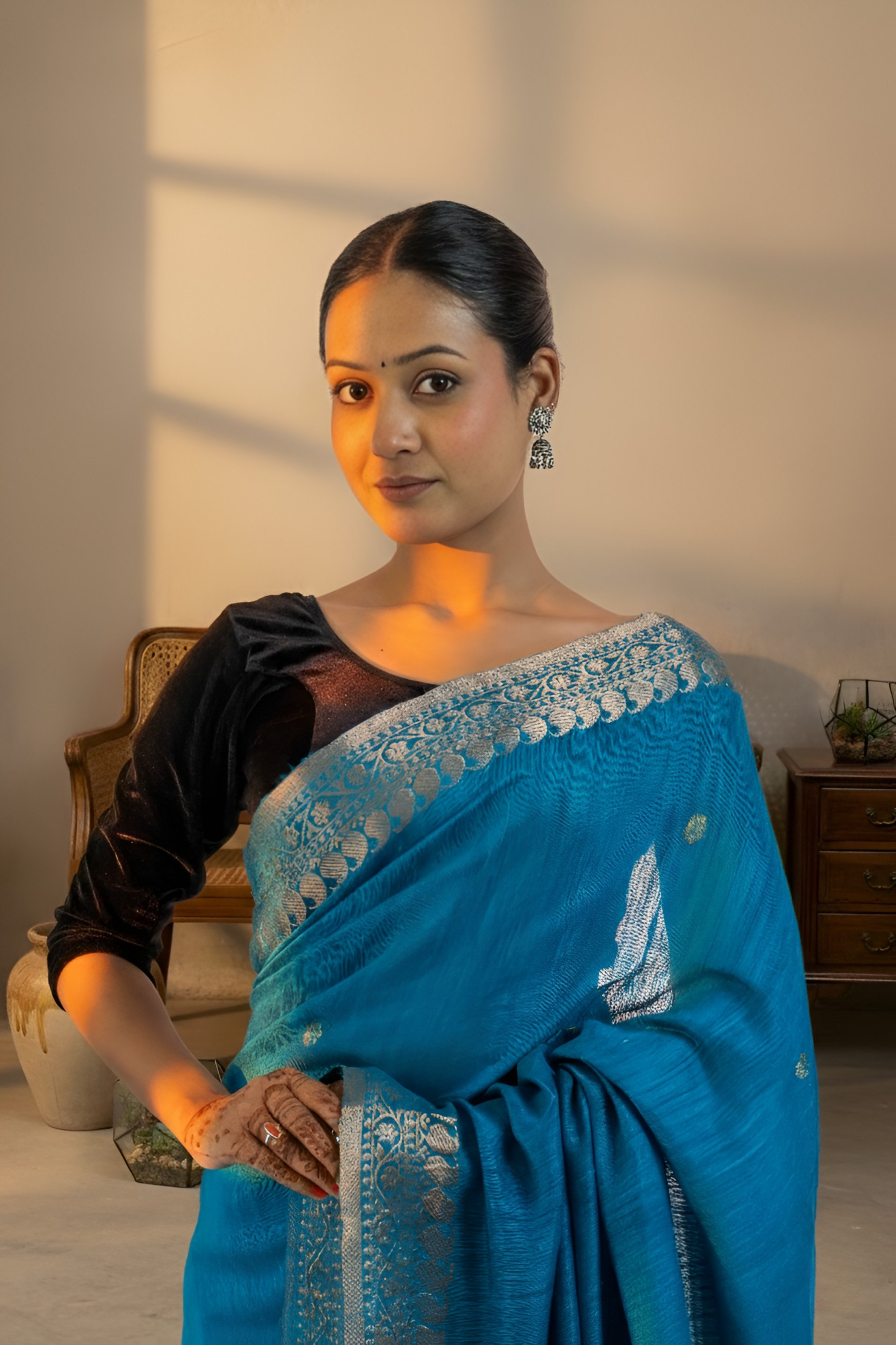 Firozi Blue with Zari Border Matka Silk Saree With Blouse Piece