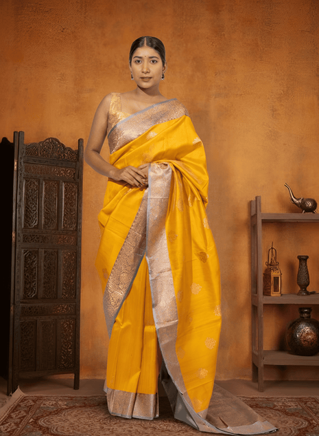Royal Yellow and Ice Blue Contrast Tussar Silk Saree With Blouse Piece