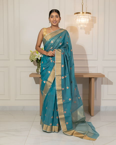 Teal Blue & Golden Border Chanderi Silk Cotton Saree With Blouse Piece