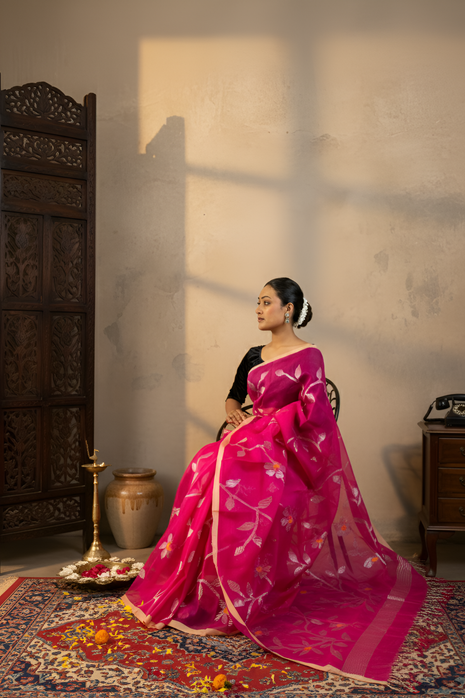 Hot Pink Organza Jamdani Saree With Silver Zari work With Blouse Piece