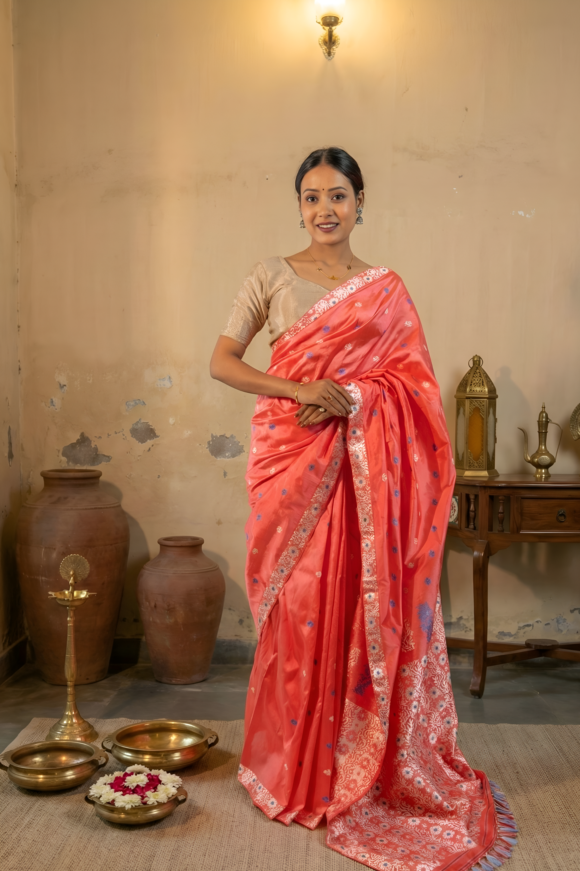 Orange Red Assam Silk Saree with Blue & White Resham Flowers & Creepers With Blouse Piece