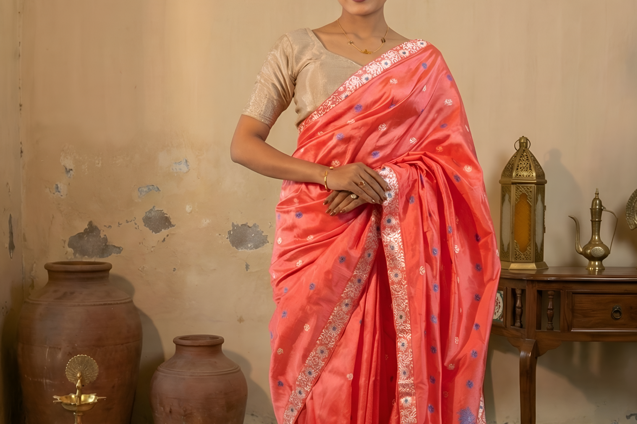 Orange Red Assam Silk Saree with Blue & White Resham Flowers & Creepers With Blouse Piece