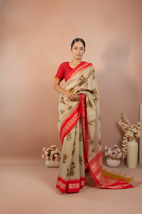 Natural Tussar Saree with Karavati Red Border, Block Print Lilies With Blouse Piece