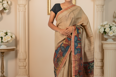 Brick Red Dominated Kalamkari Art on Tussar Silk Saree With Blouse Piece