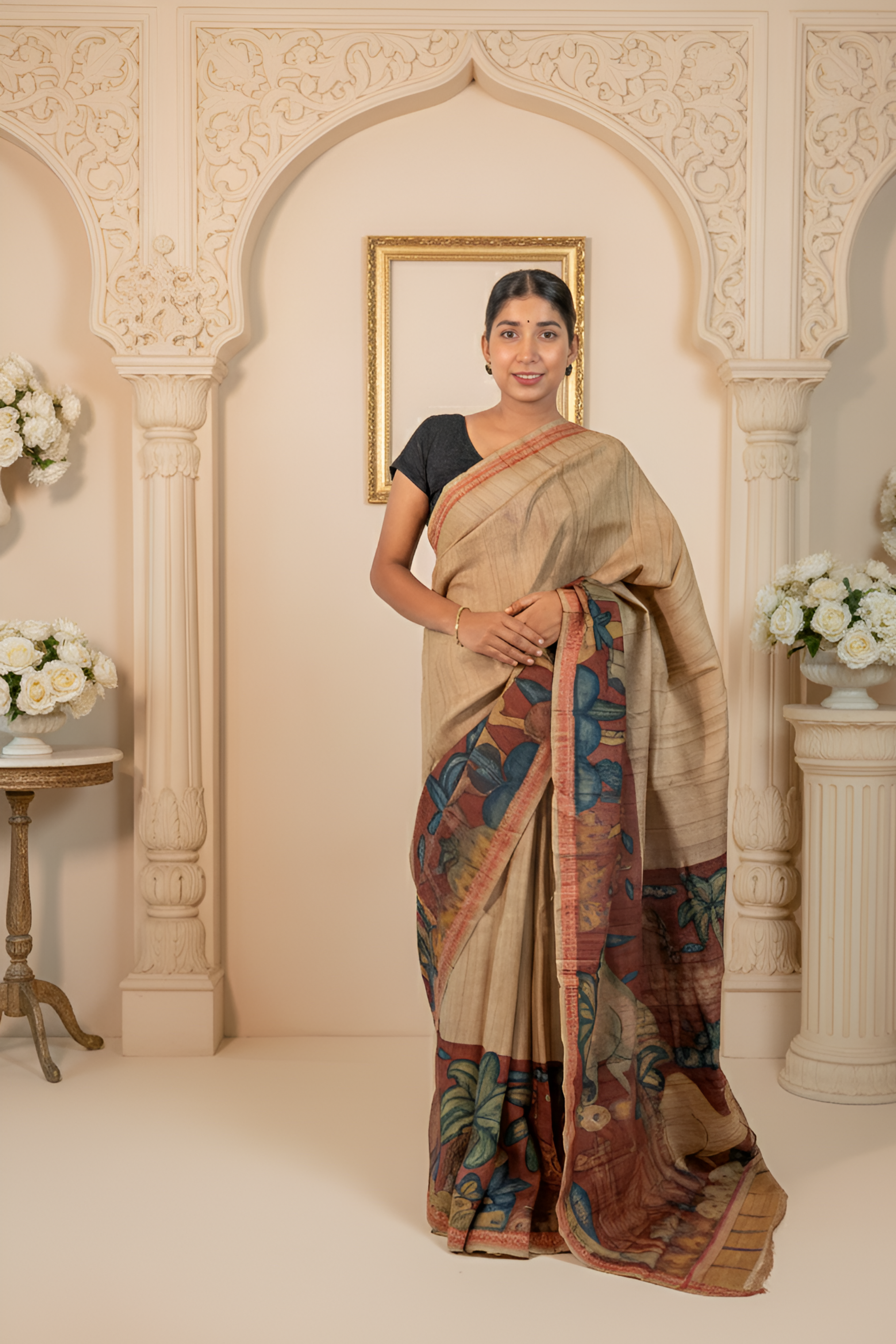 Brick Red Dominated Kalamkari Art on Tussar Silk Saree With Blouse Piece