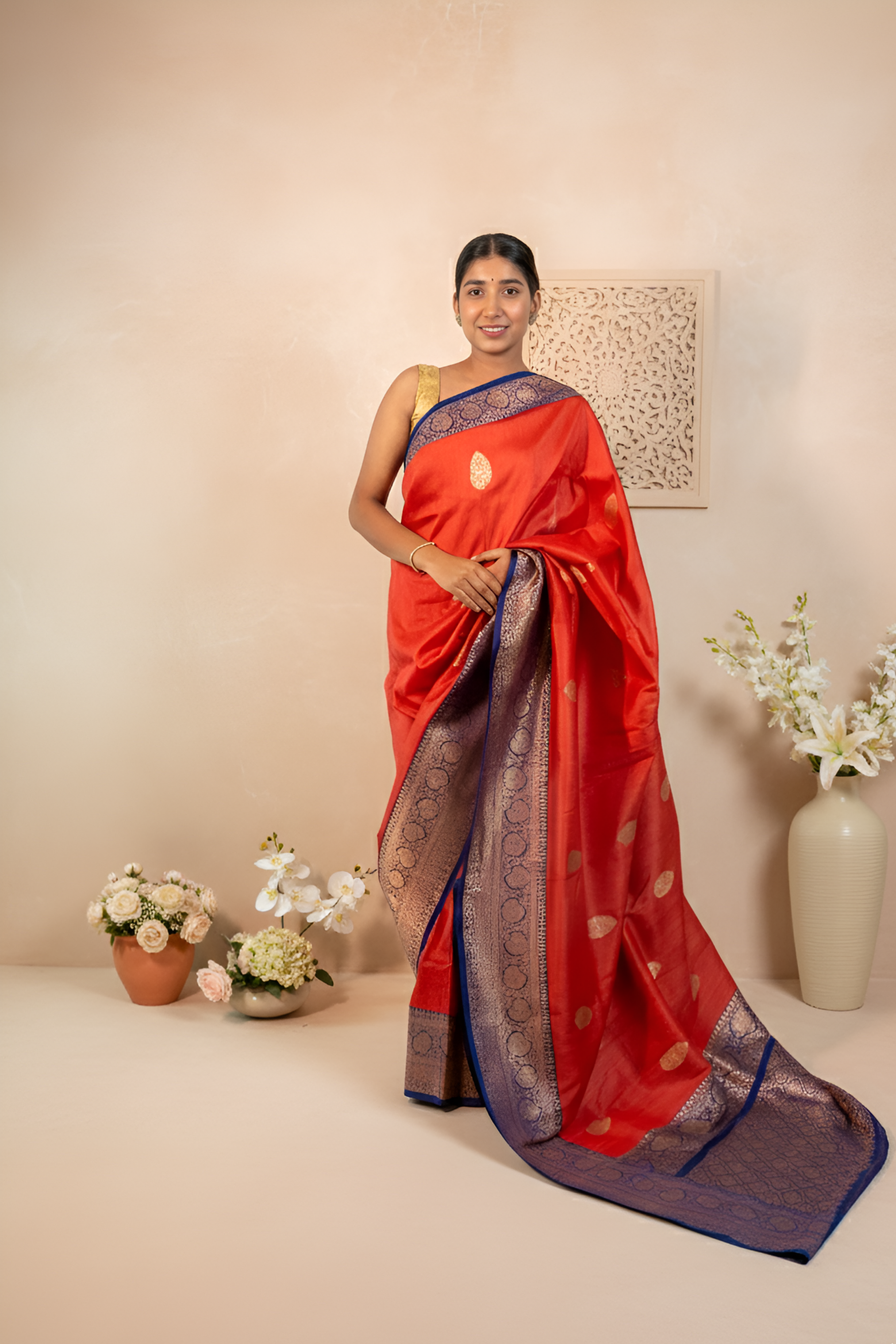 Amarnath Red with Royal Blue Contrast Tussar Silk Saree With Blouse Piece
