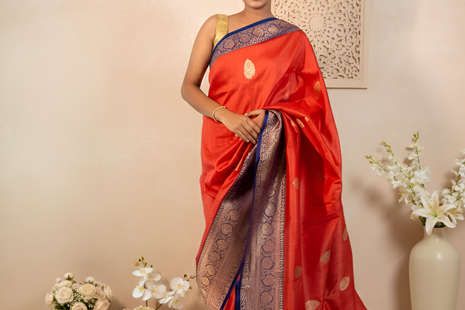 Amarnath Red with Royal Blue Contrast Tussar Silk Saree With Blouse Piece