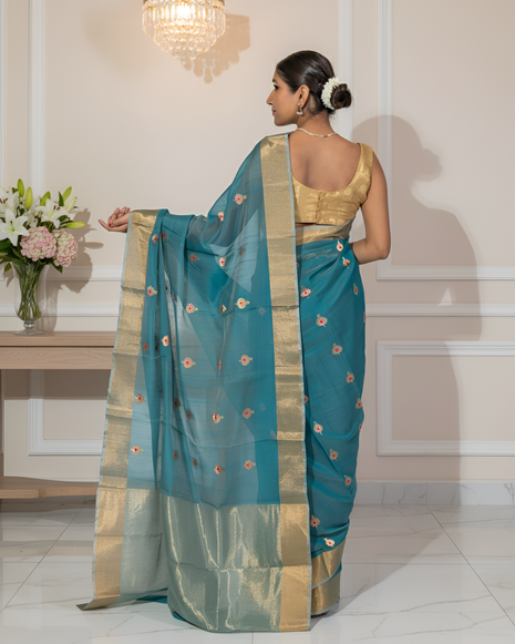 Teal Blue & Golden Border Chanderi Silk Cotton Saree With Blouse Piece