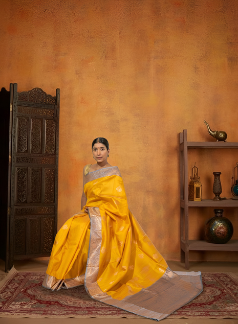 Royal Yellow and Ice Blue Contrast Tussar Silk Saree With Blouse Piece