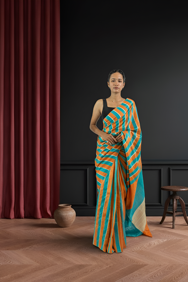 Orange Firozi & Raw Gold Gicha Tussar Silk Saree With Blouse Piece