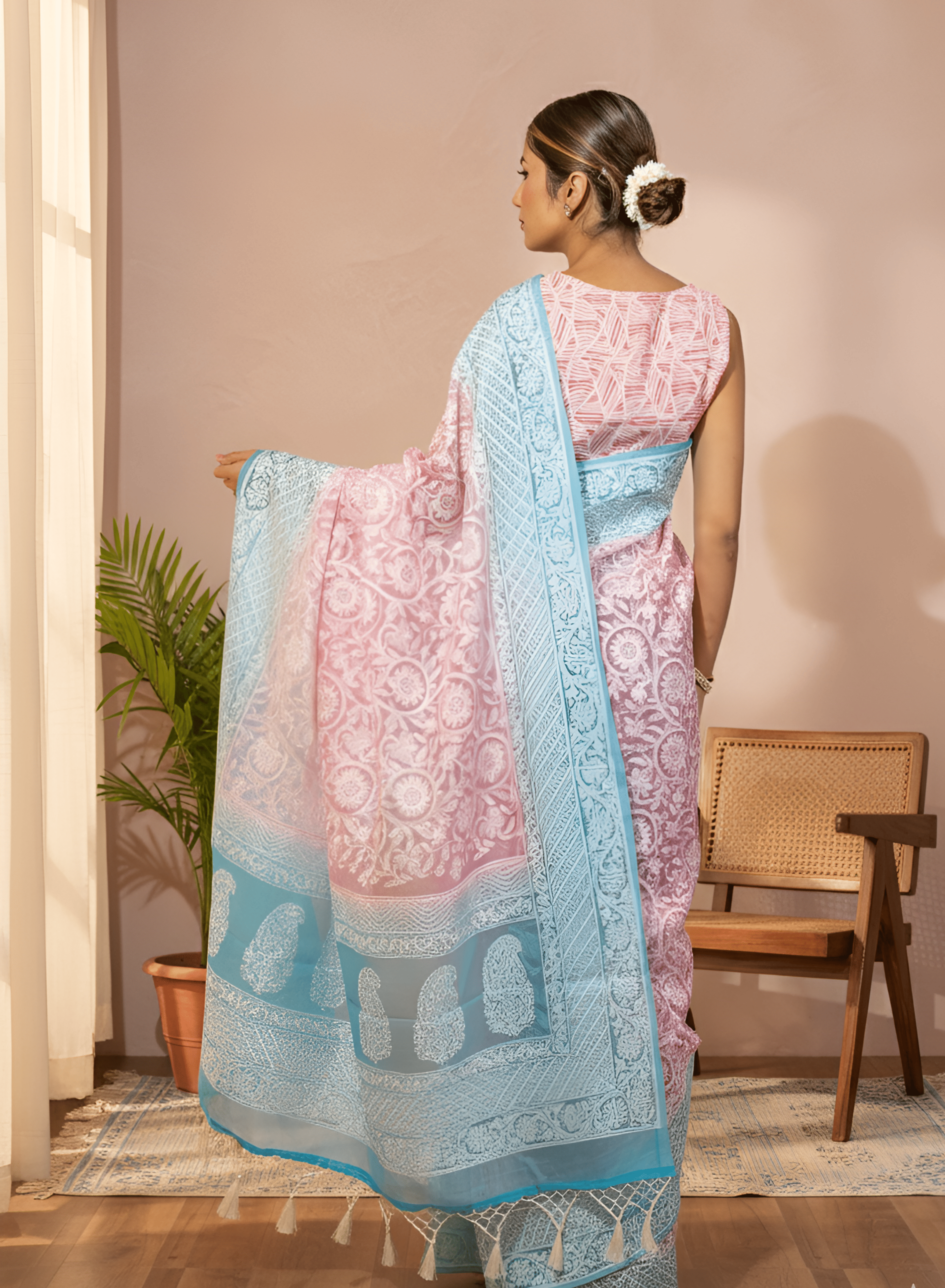 Pastel Pink & Turqoise Chikankari Pure Organza Silk Saree With Blouse Piece