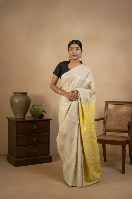 Beautiful Yellow & Raw Gold Gicha Tussar Silk Saree With Blouse Piece