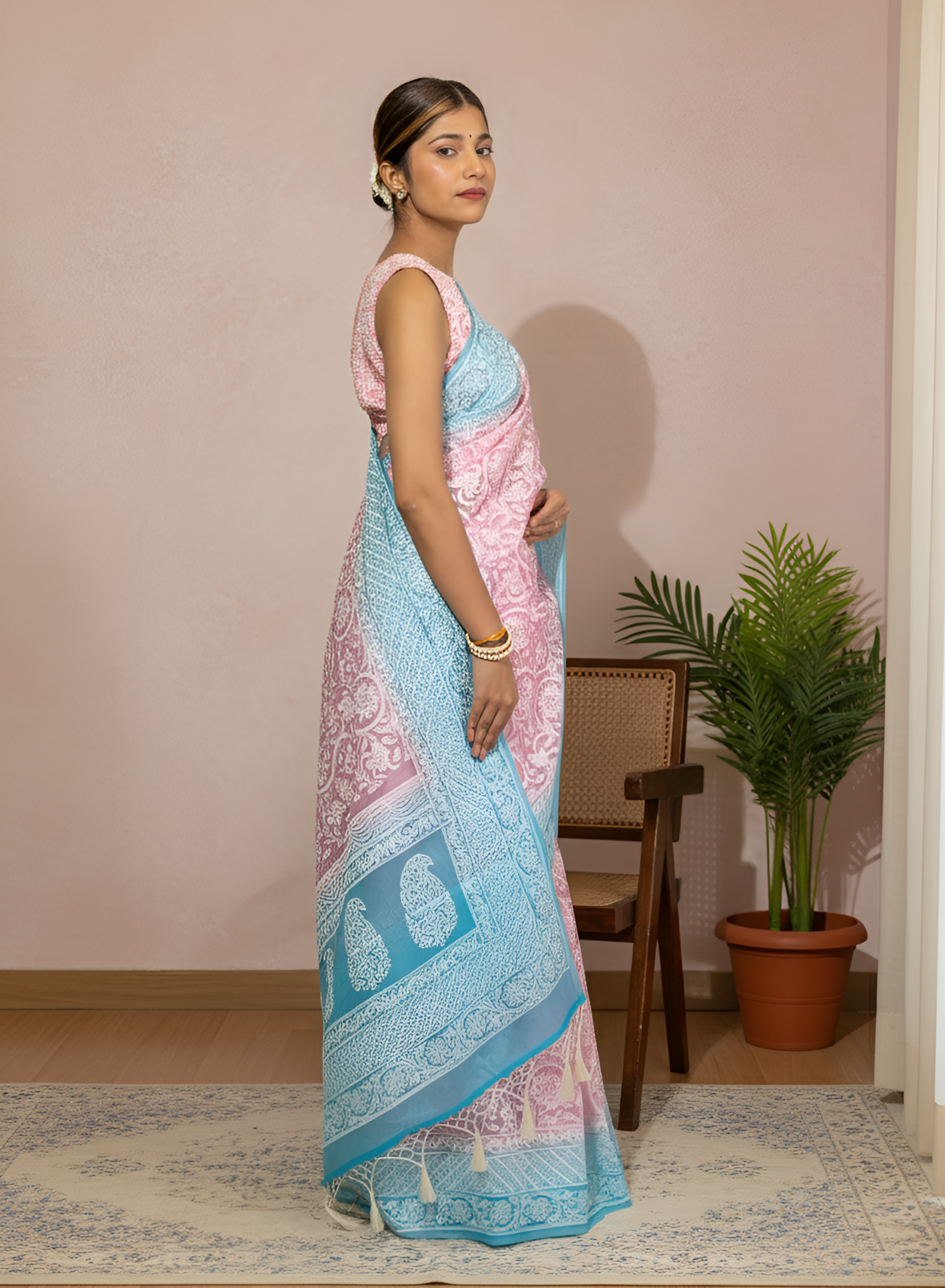 Pastel Pink & Turqoise Chikankari Pure Organza Silk Saree With Blouse Piece