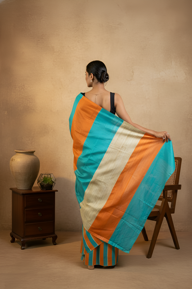 Orange Firozi & Raw Gold Gicha Tussar Silk Saree With Blouse Piece