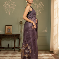 Light Wine Colour Silk Linen Saree with Organza Jamdani Palla