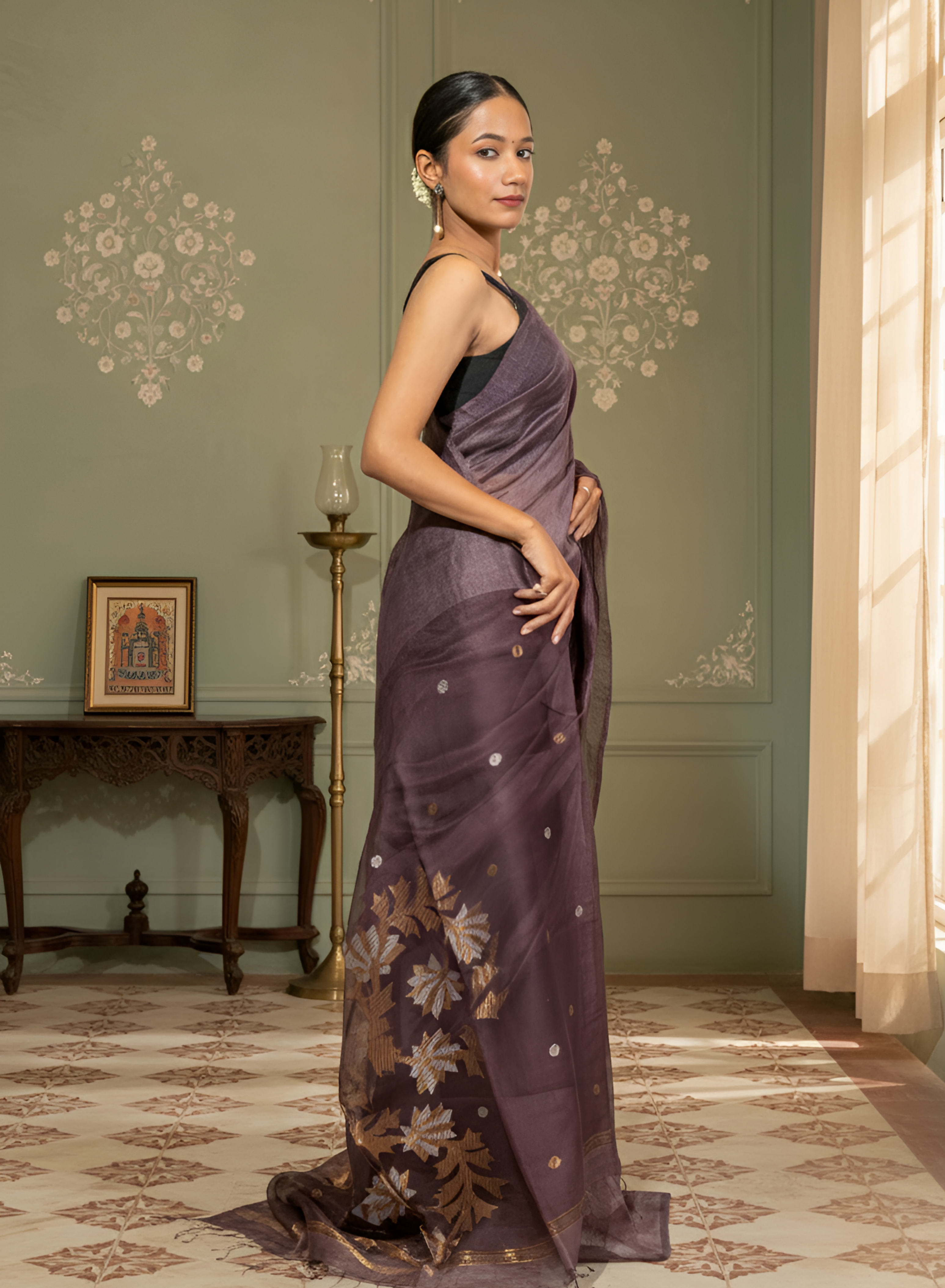 Light Wine Colour Silk Linen Saree with Organza Jamdani Palla