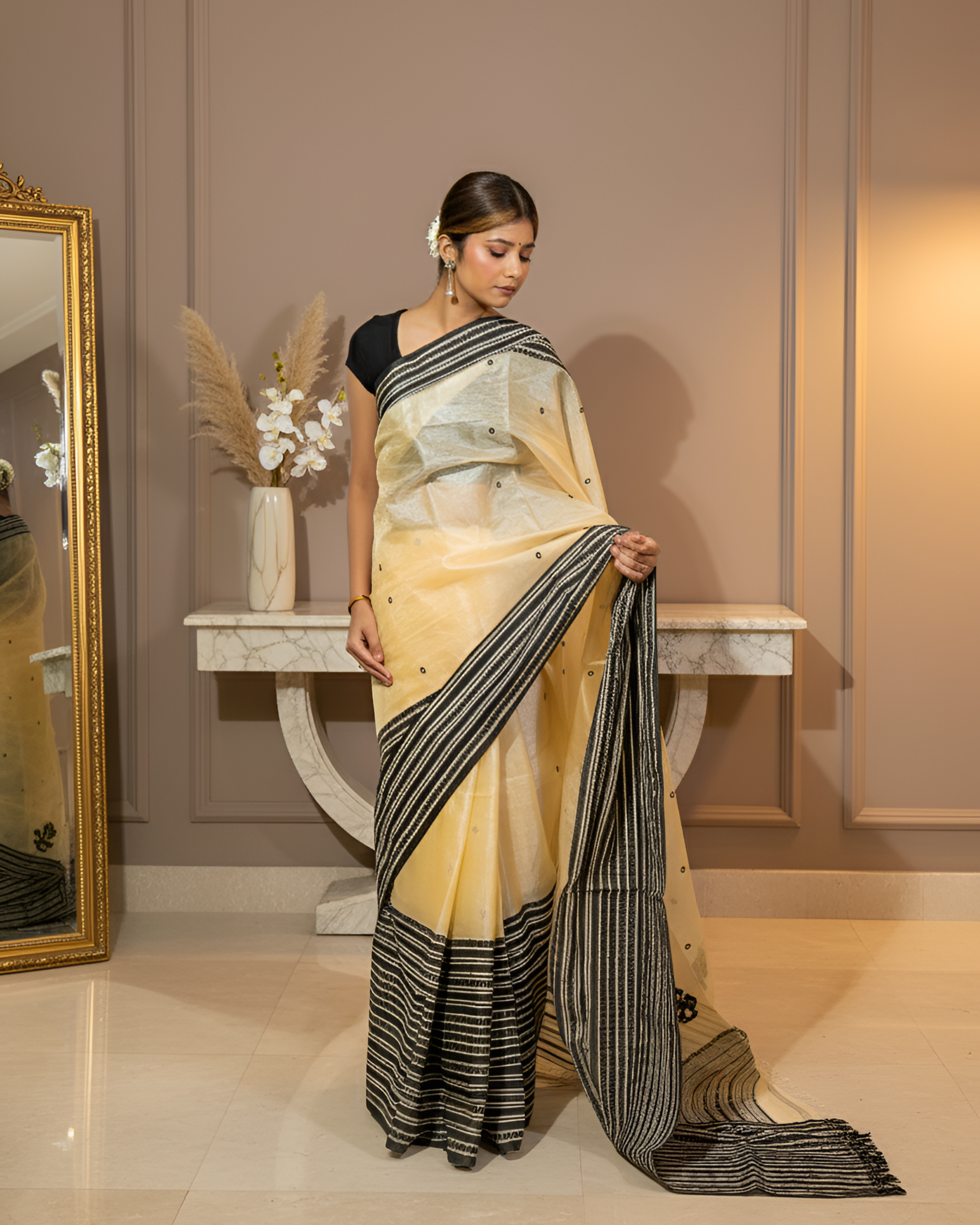 Vibrant Golden Tussar Saree with Traditional Assamese Motif & A Broad Woven Black Border With Blouse Piece