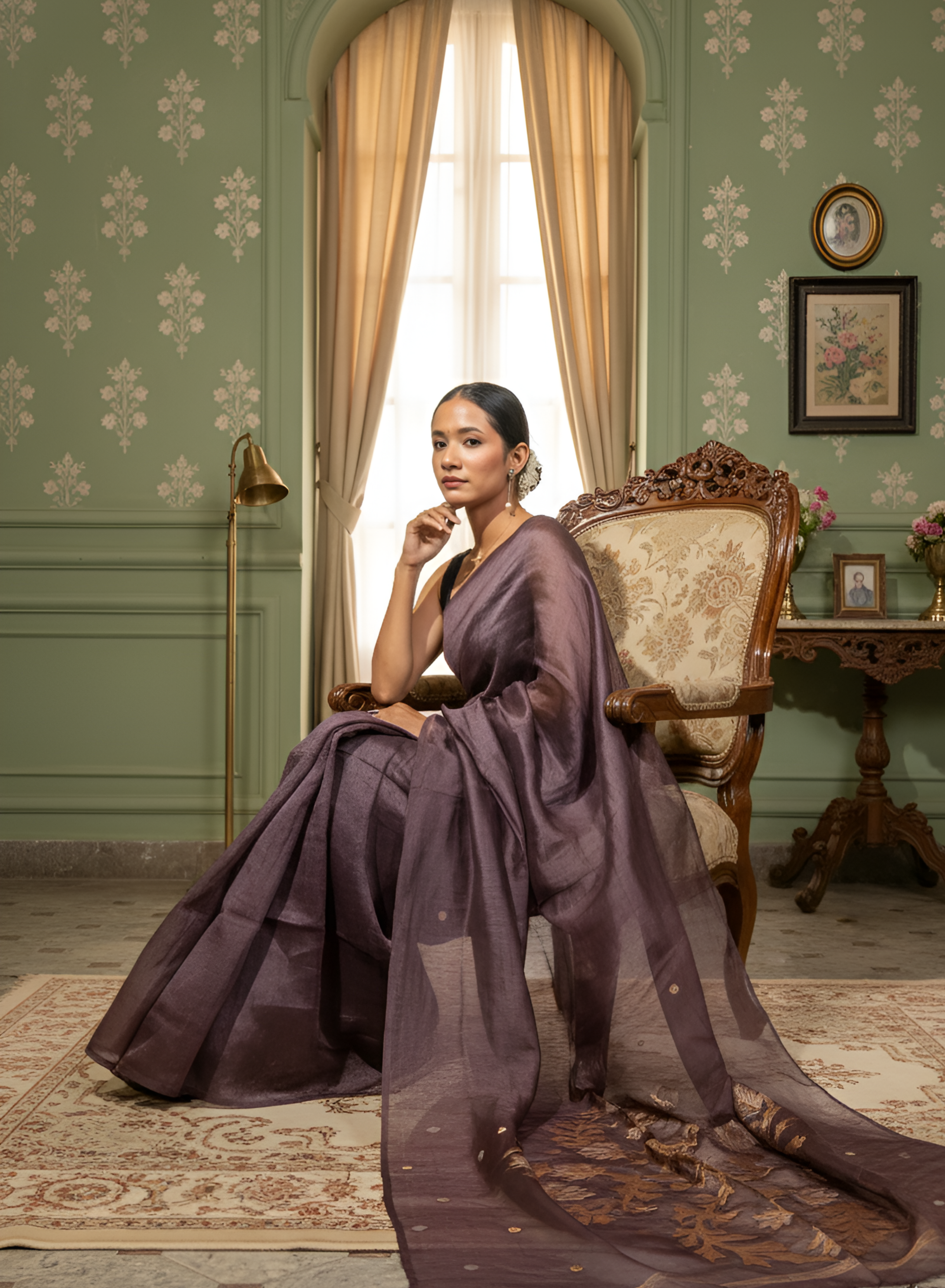 Light Wine Colour Silk Linen Saree with Organza Jamdani Palla With Blouse Piece